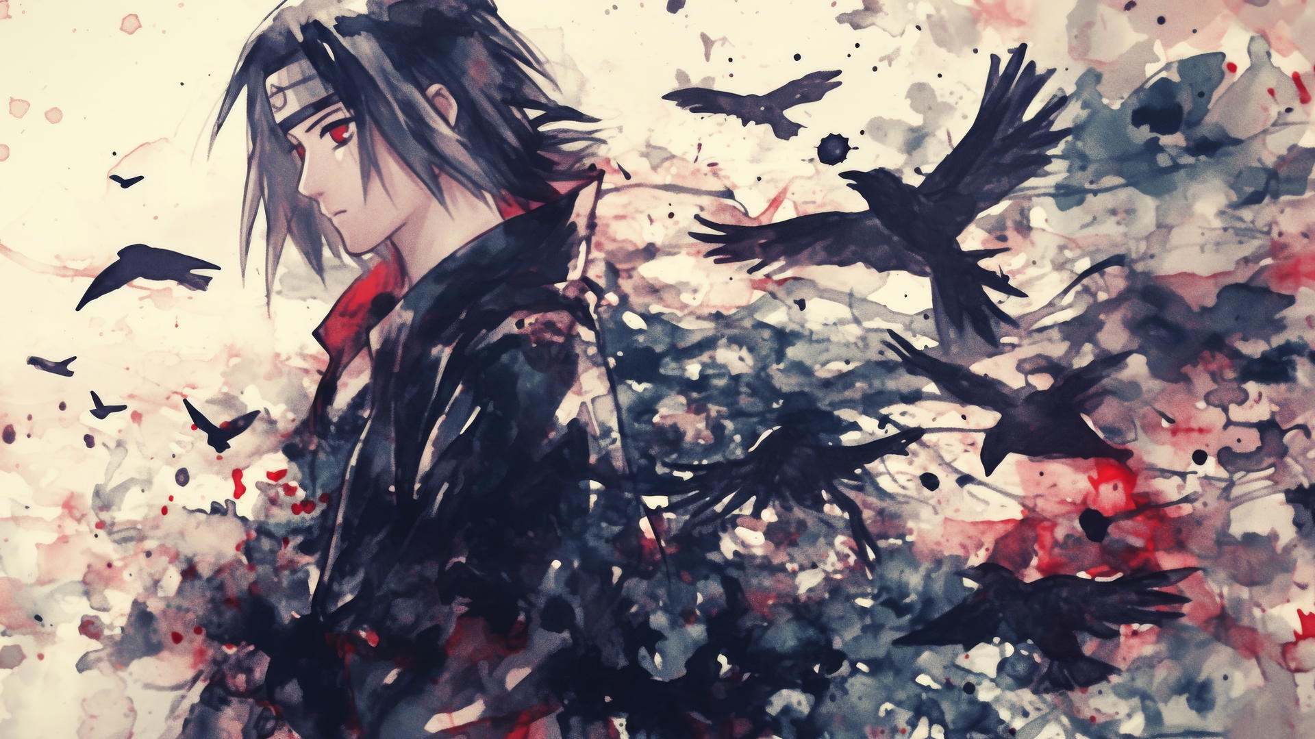 itachi uchiha drawing with watercolor, soft brush strokes, red and black hues