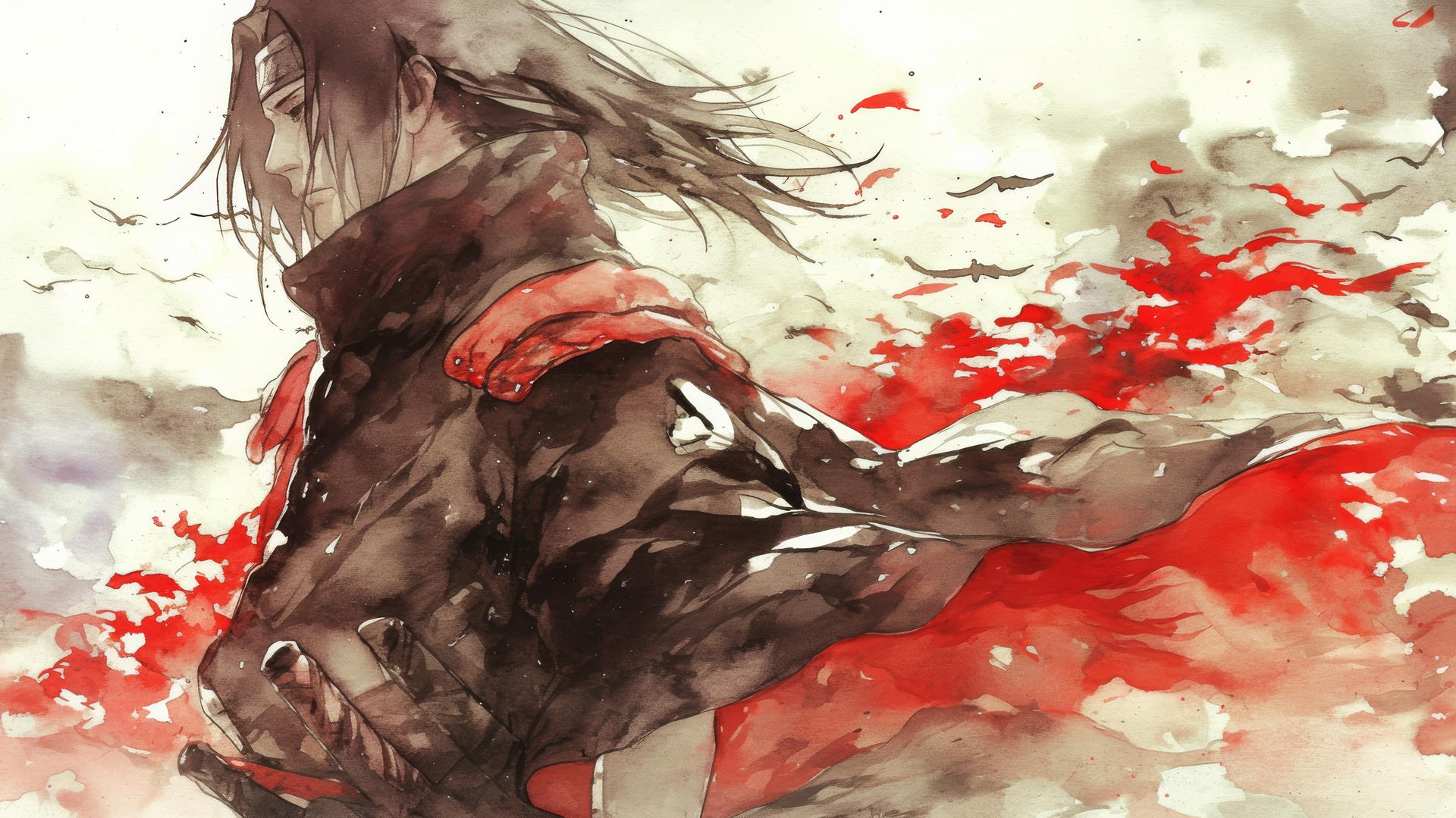 itachi uchiha drawing with soft, flowing watercolor strokes in red and black