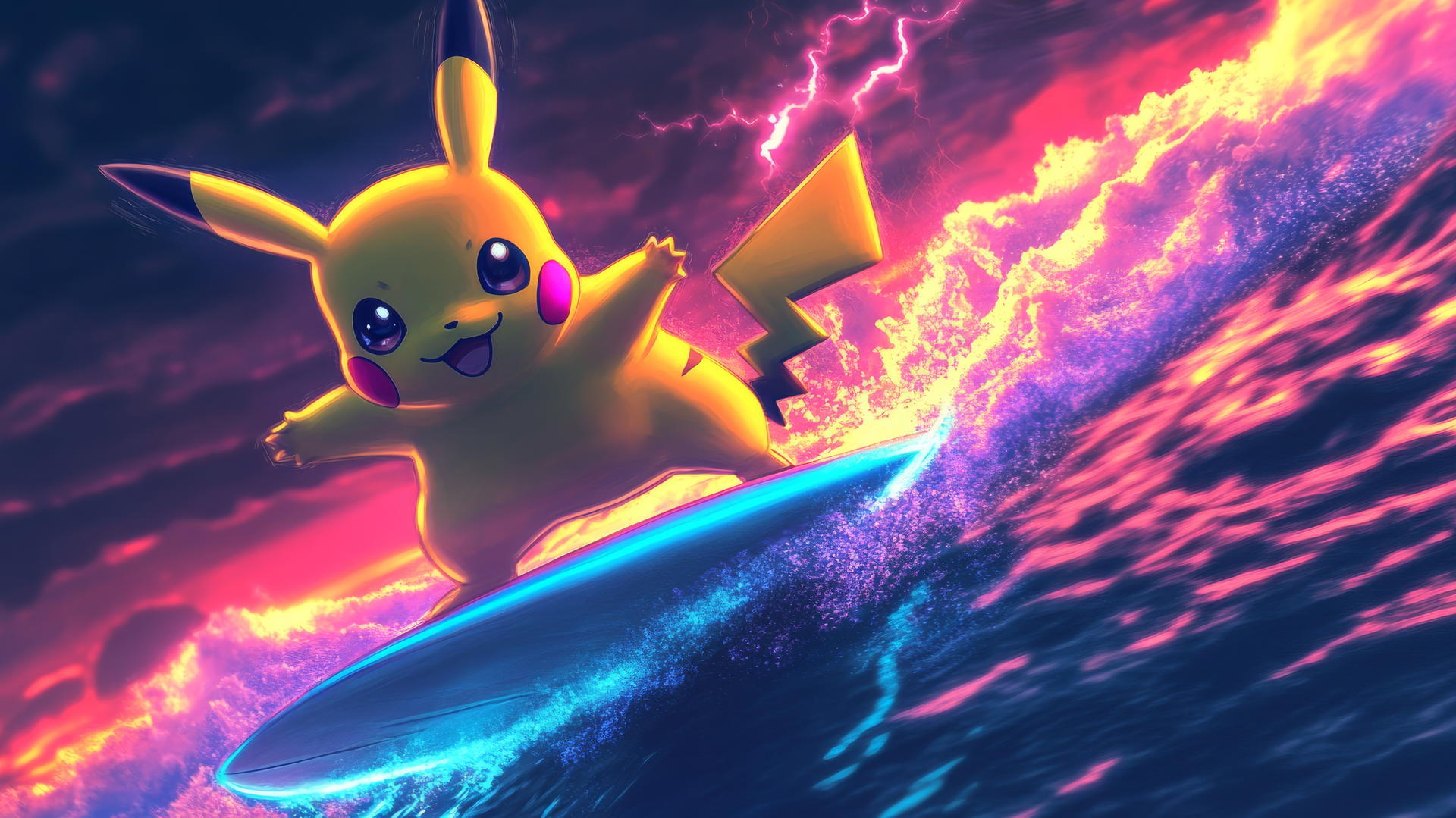 Pikachu surfing on a neon surfboard under a glowing sunset