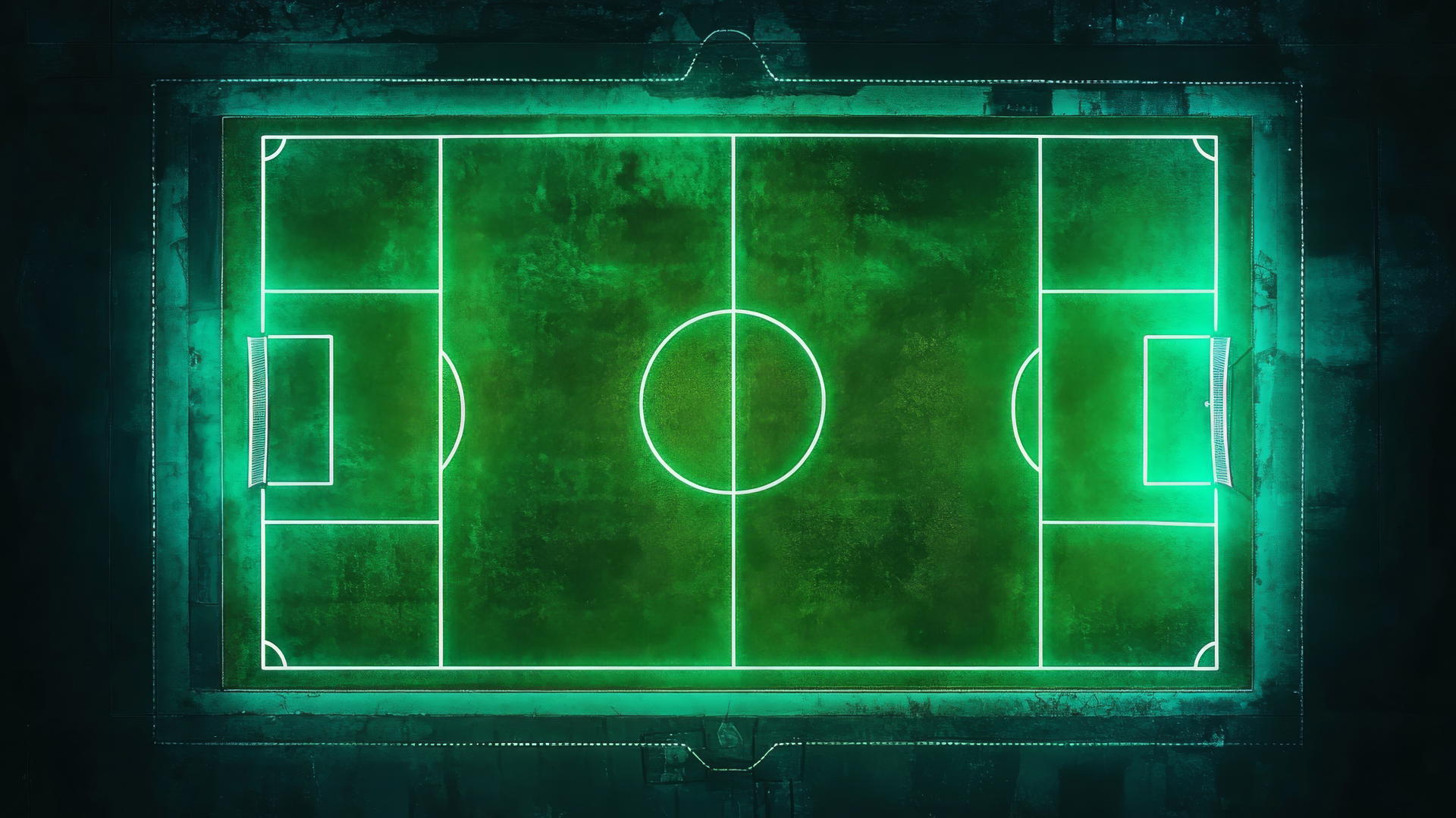 Minimalist soccer field with glowing neon lines viewed from above.
