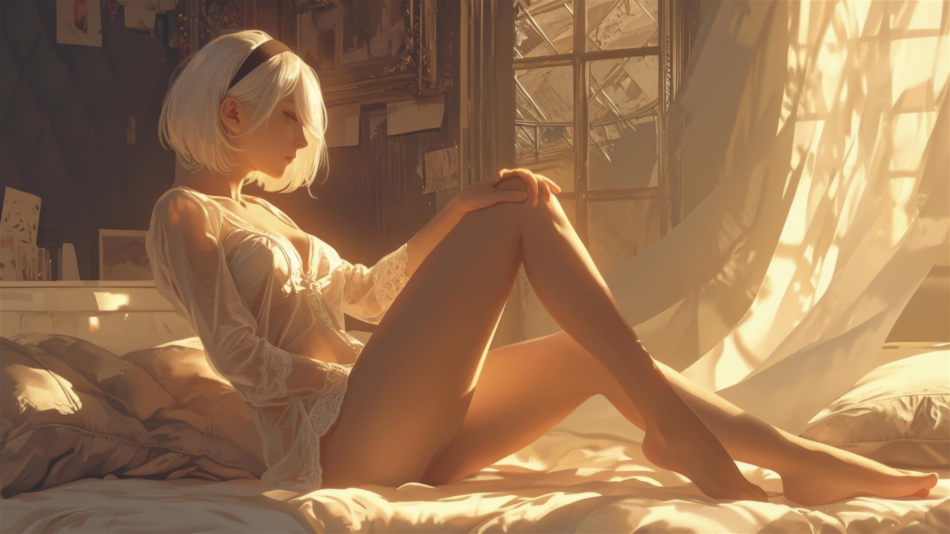 2B from Nier in white silk pajamas, basking in sunrise glow