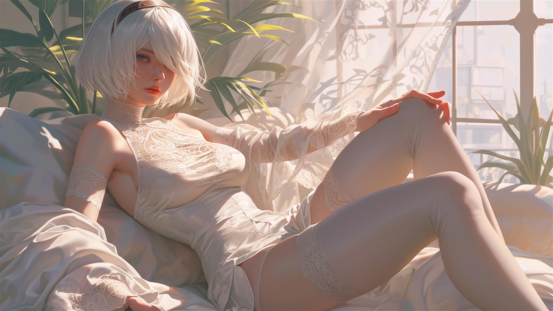 2B from Nier in white silk pajamas resting at sunrise.