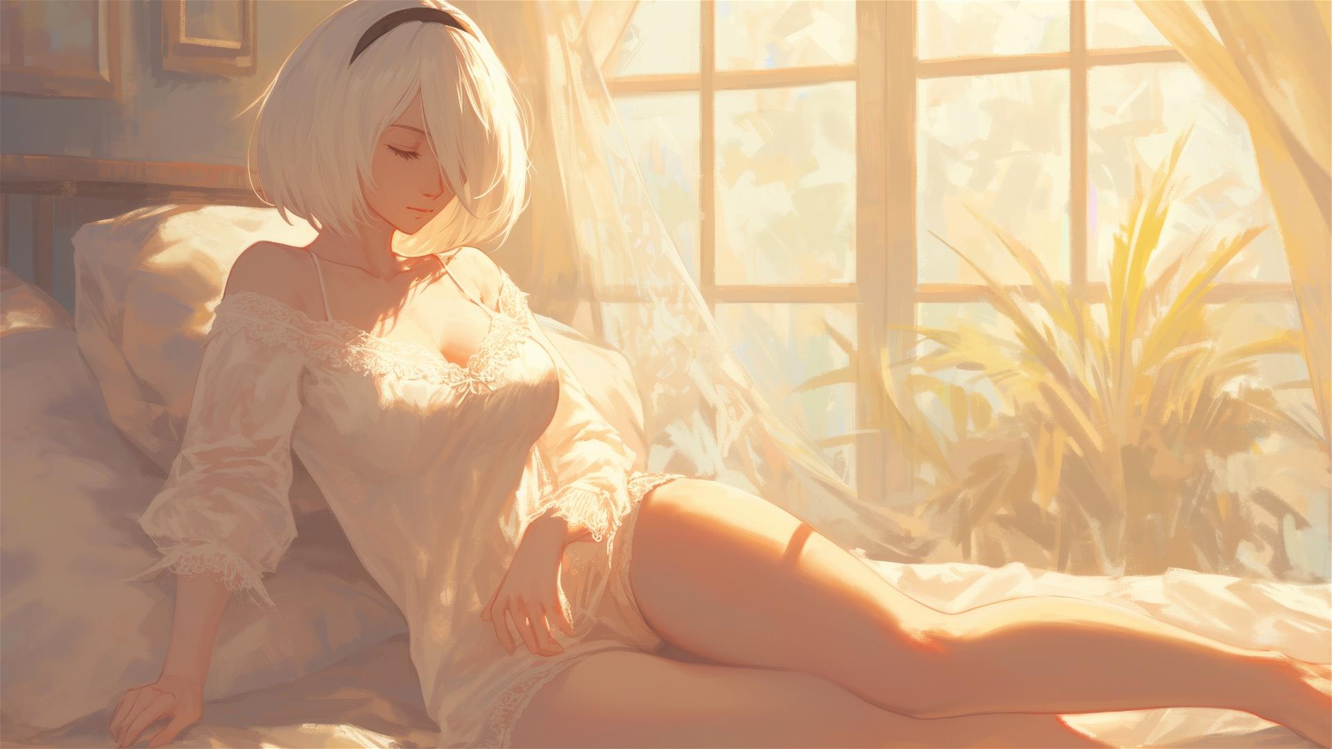 2B from Nier in white silk pajamas, basking in sunrise glow