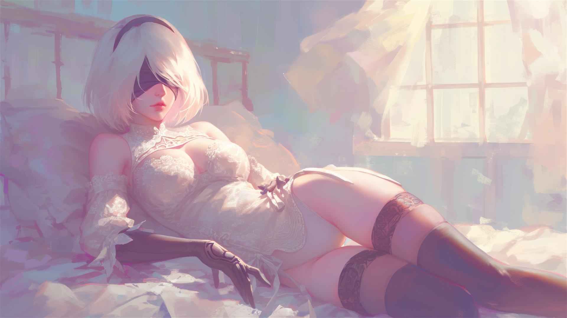2B from Nier in white silk pajamas resting at sunrise.