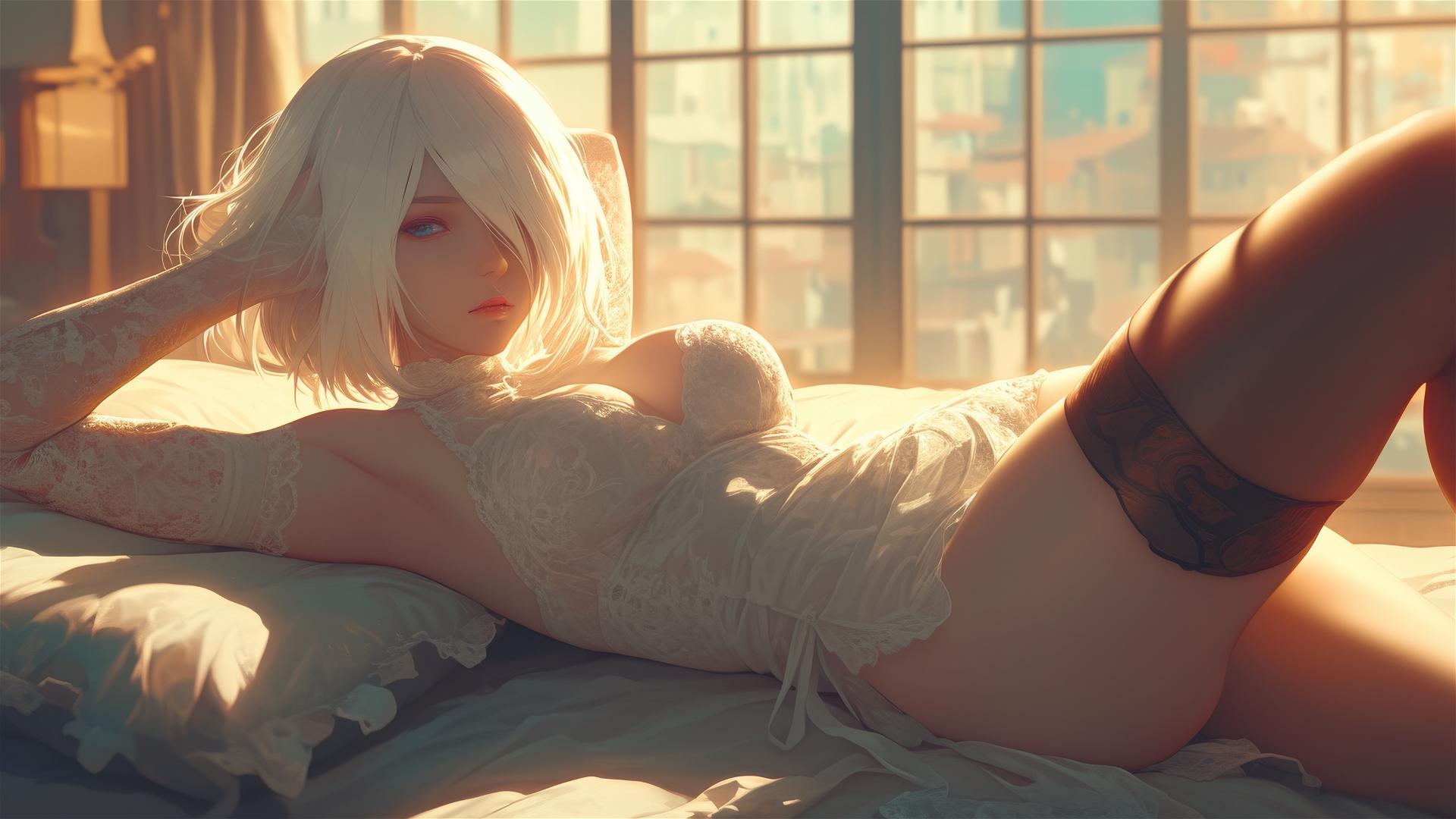 2B from Nier in white silk pajamas, bathed in sunrise light.