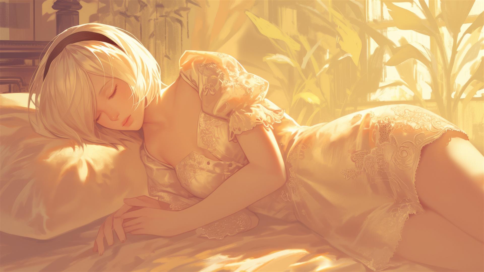 2B from Nier in white silk pajamas resting at sunrise.