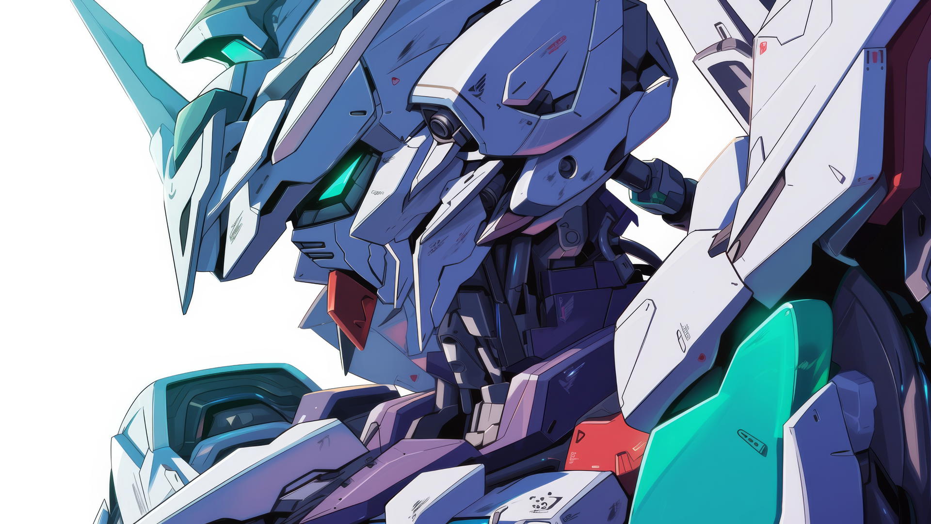 Close-up of Gundam mecha from head to torso on a white void