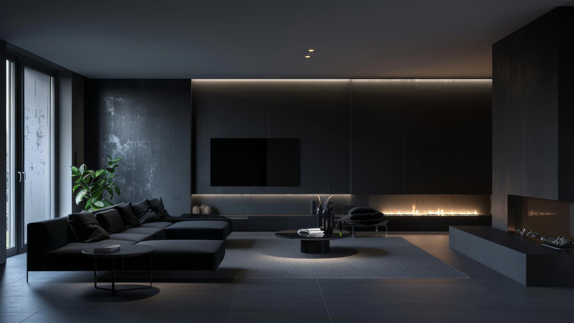 Modern mansion interior in matte black with Scandinavian design and soft white lighting.