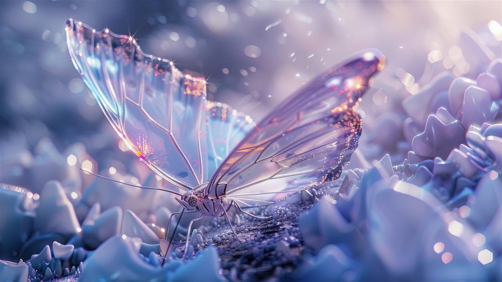 Ethereal ice blue and silver white butterfly with translucent lavender and pale gold accents.