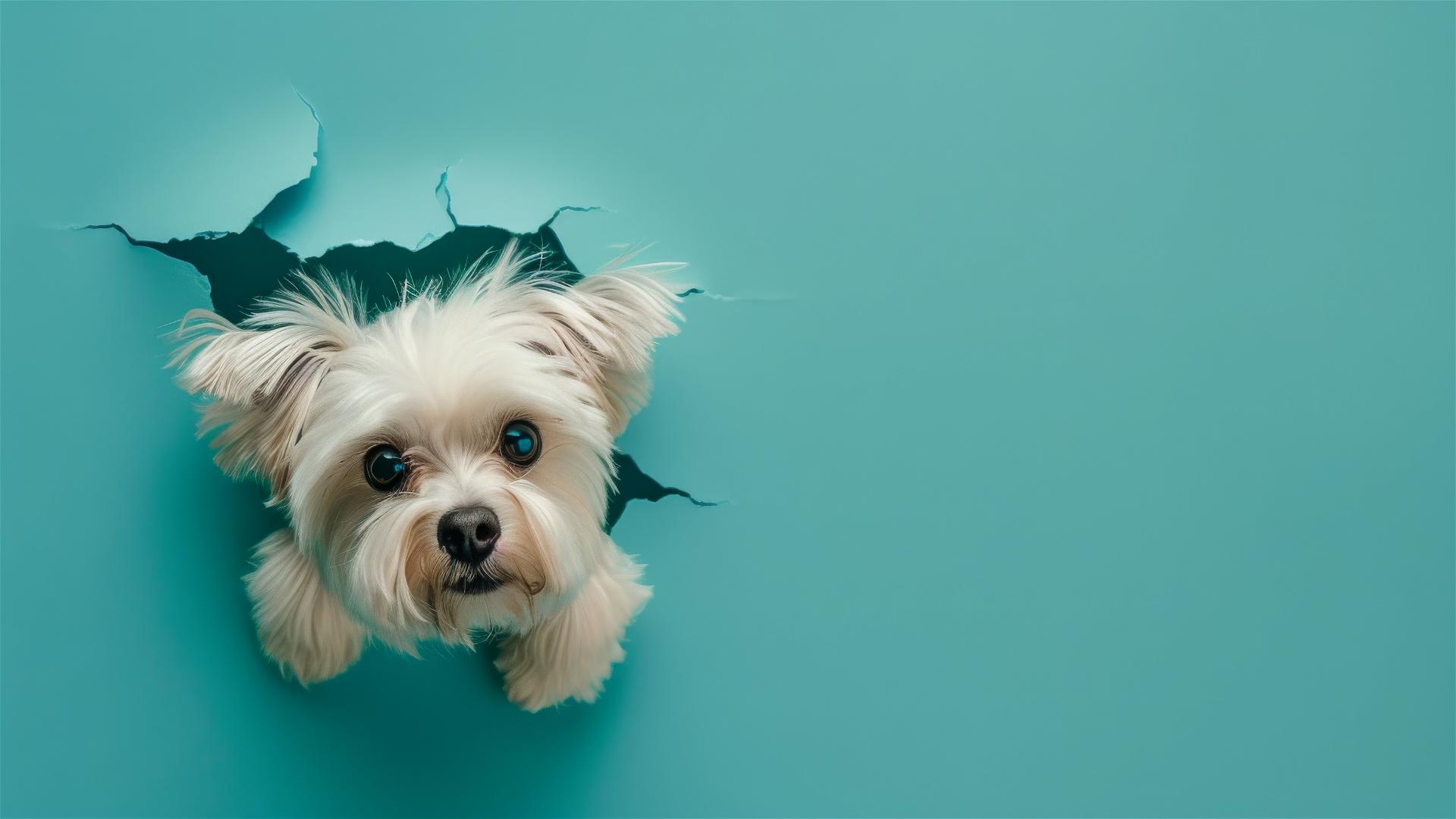 Teacup Havanese peeking through hole in blue wall