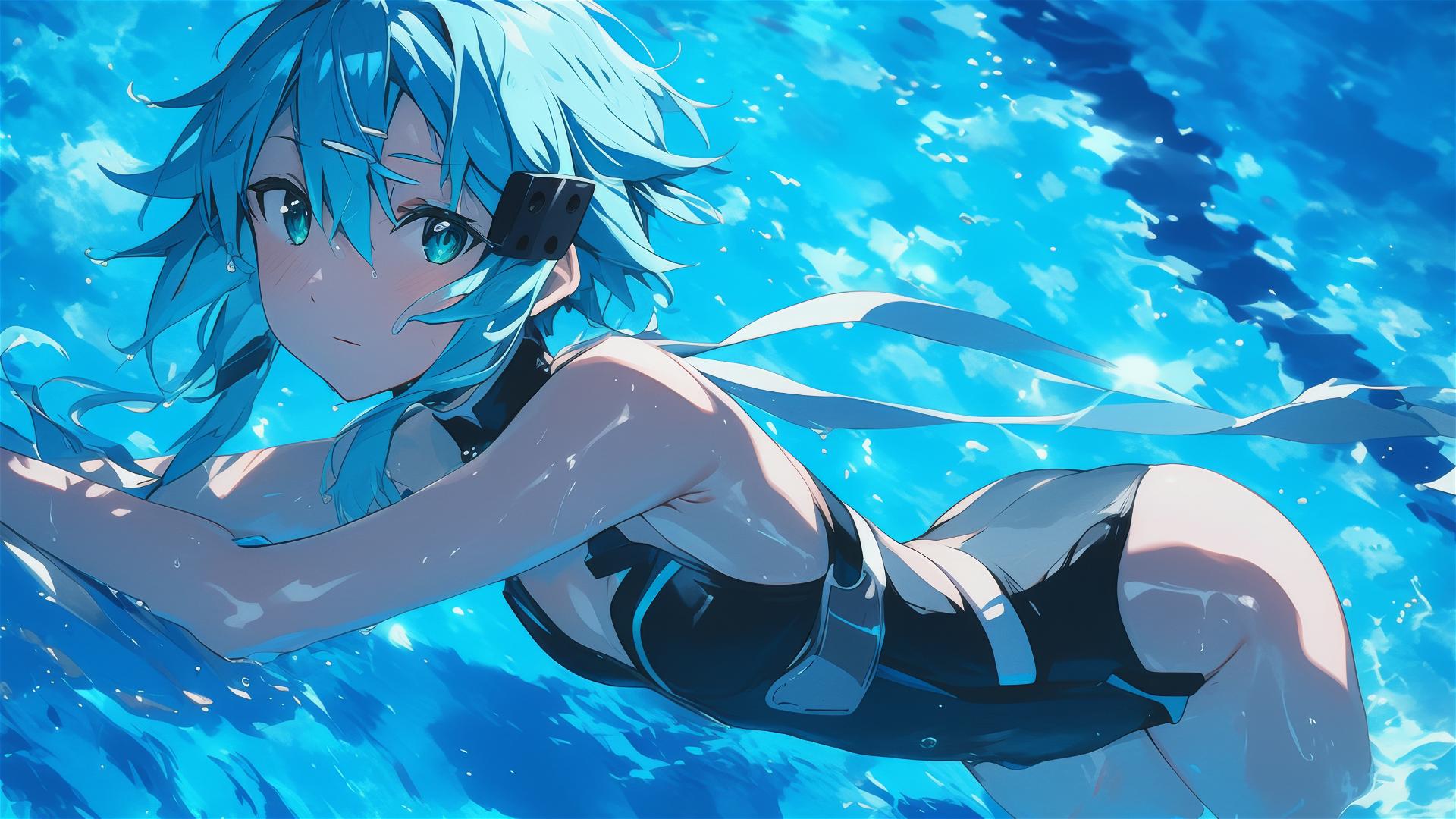 Sinon from SAO standing in pool under moonlight, green eyes glowing