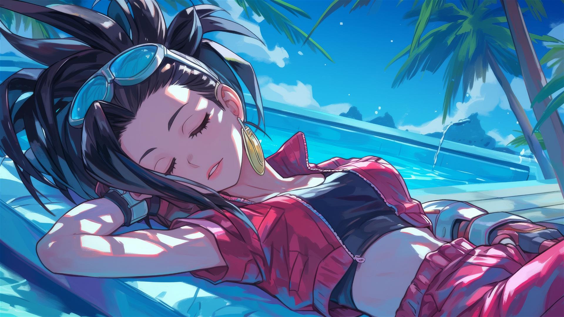 Momo Yaoyorozu from My Hero Academia resting by pool under moonlight