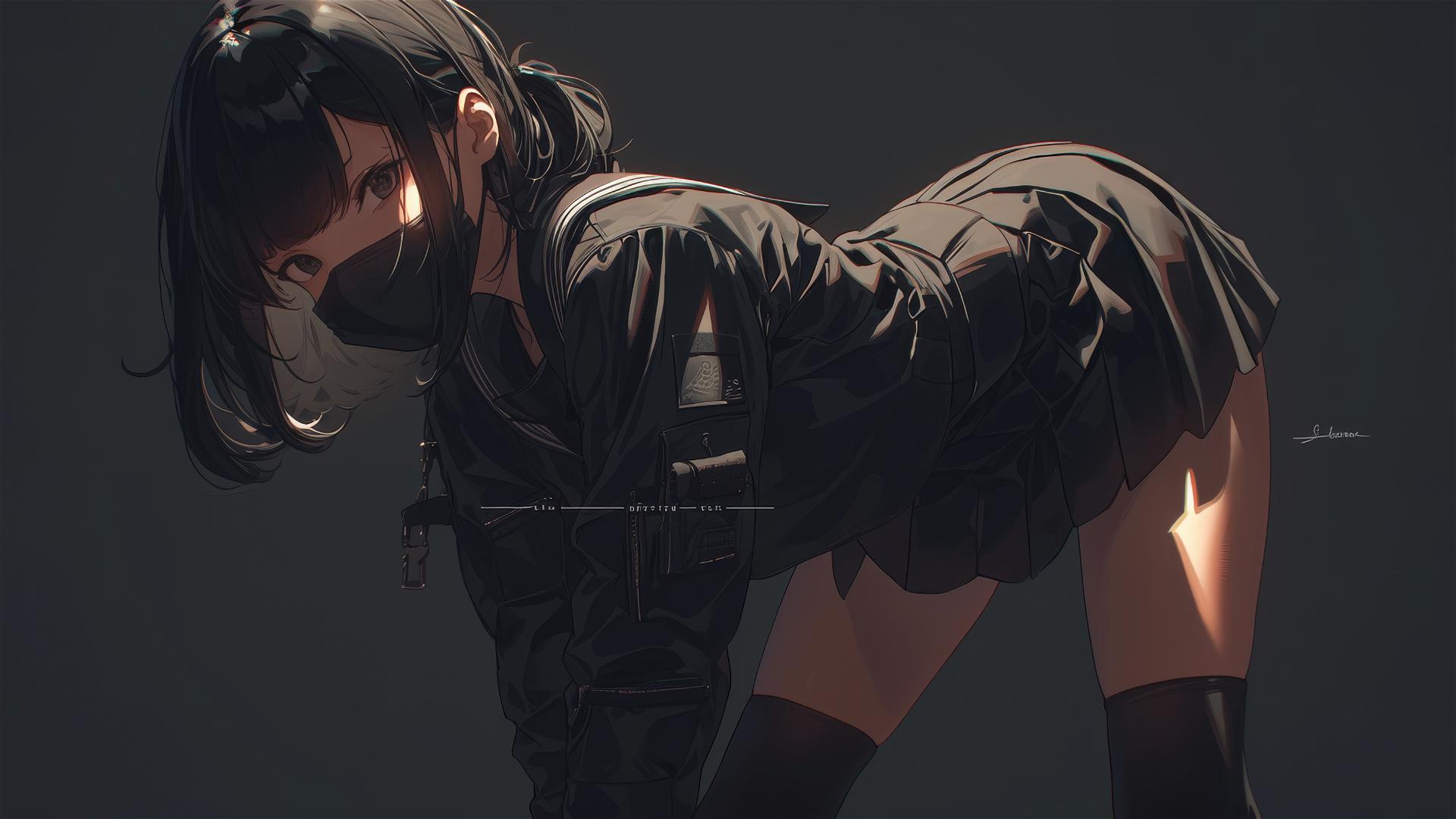 Tactical school girl with masked face in dynamic pose, spotlight on thighs
