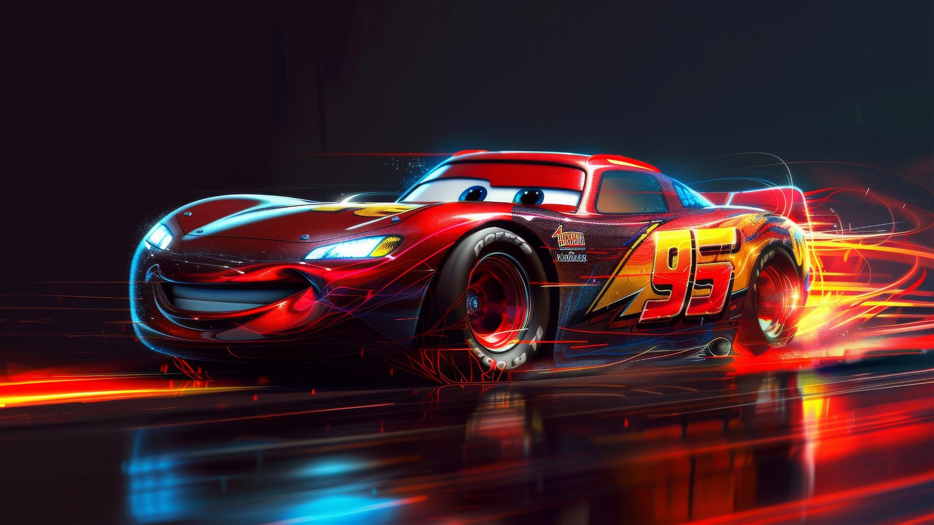 Lightning McQueen drawing in Pixar style with spotlight and dark background