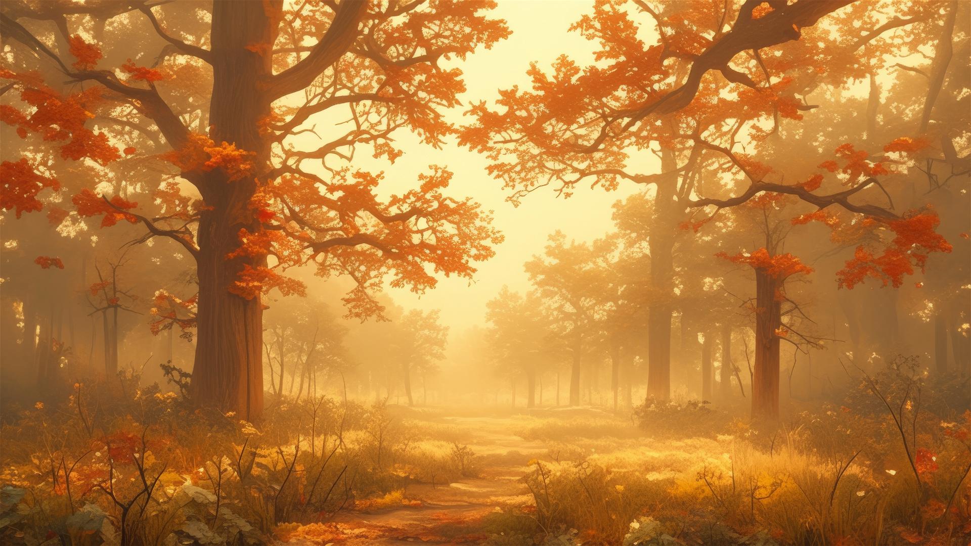 Serene autumn forest with thick fog and colorful leaves