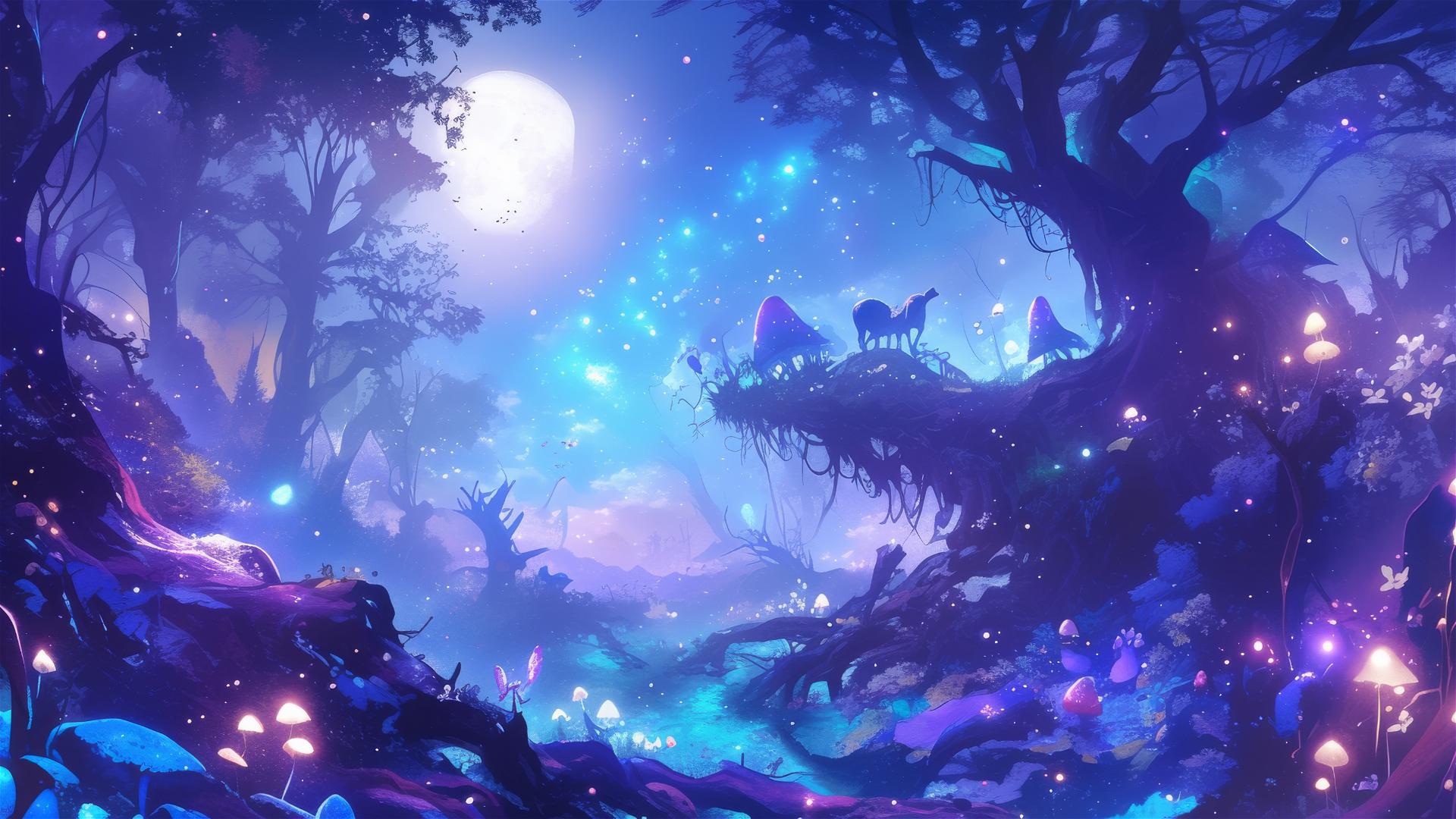 Magical fantasy forest with glowing mushrooms and creatures