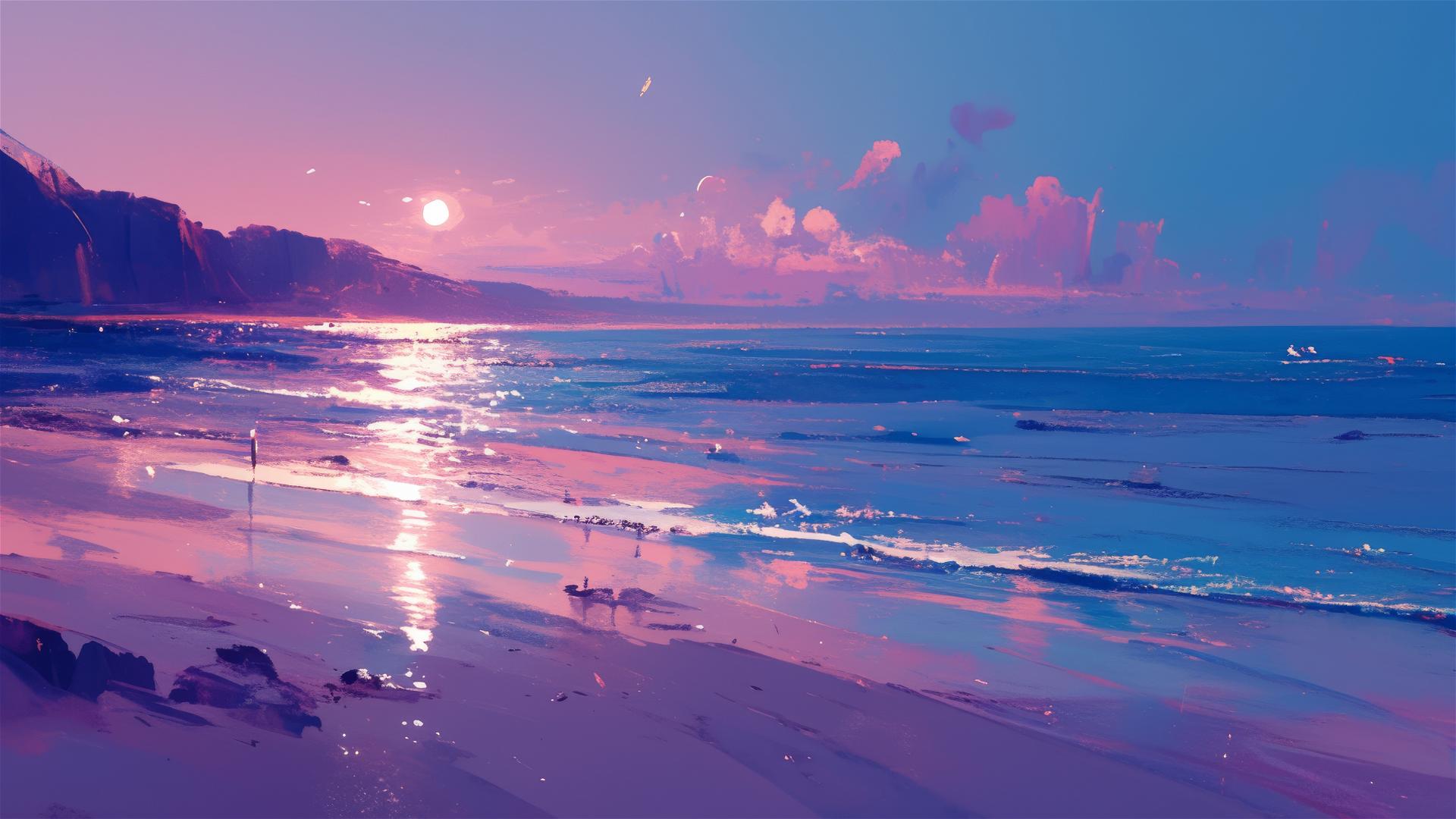 Dreamy beach at night with a pink and purple sky reflecting moonlight