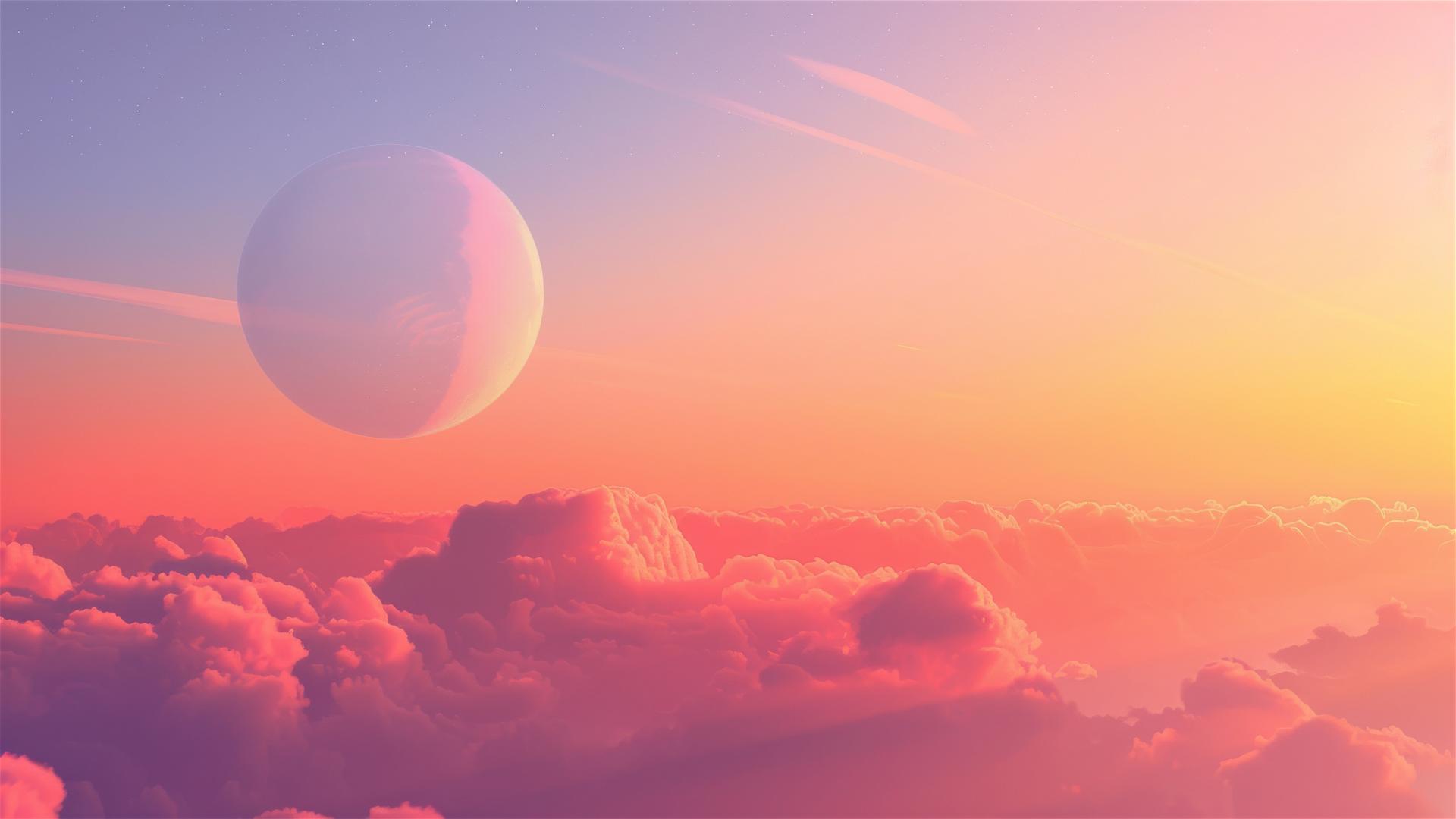 Modern minimalist floating object against a gradient-filled sky with warm oranges and pinks near the horizon transitioning to cool blues and purples with wispy clouds