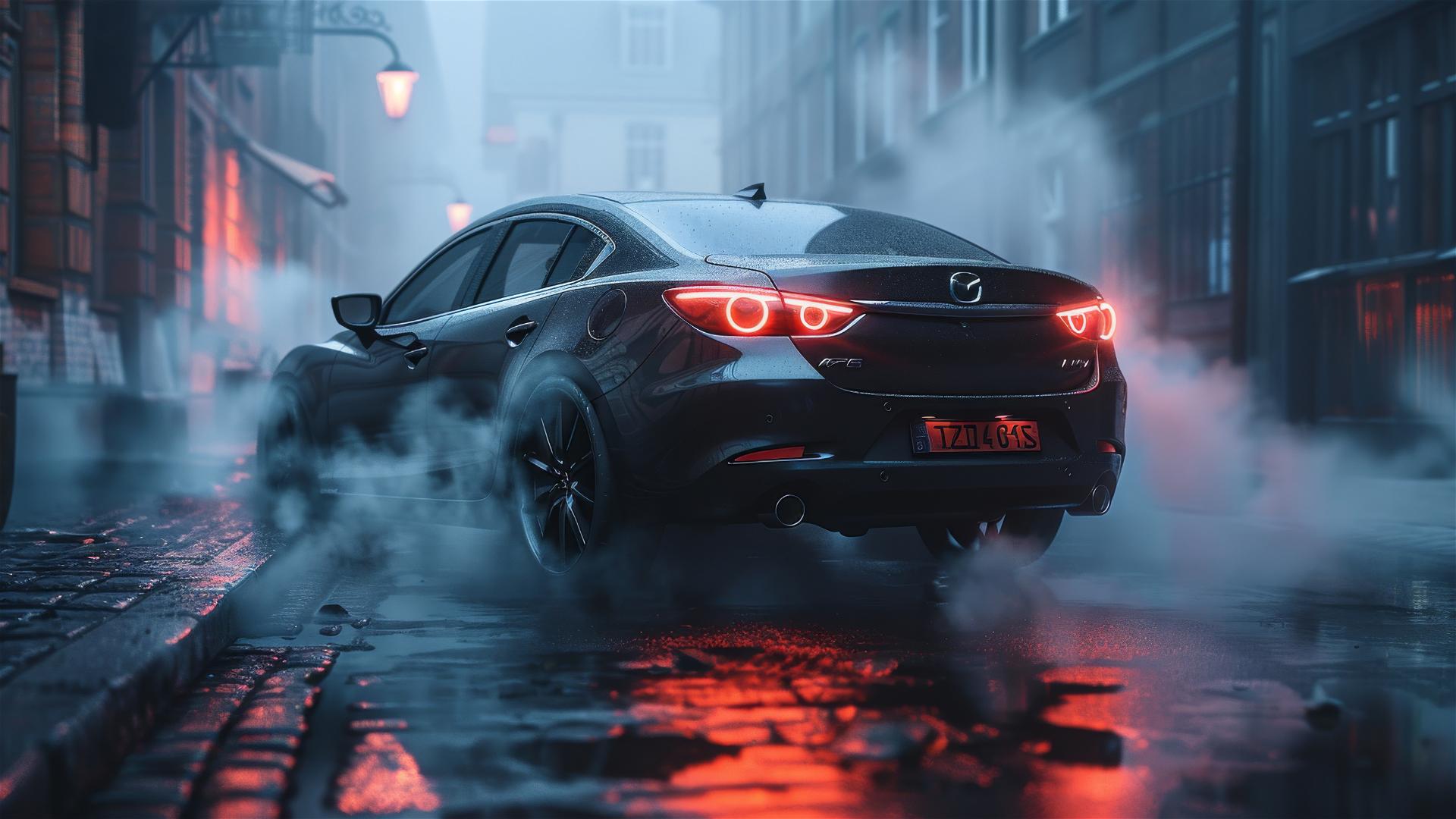 A photorealistic and gloomy closeup view of Mazda 6 in dim lighting with a foggy background