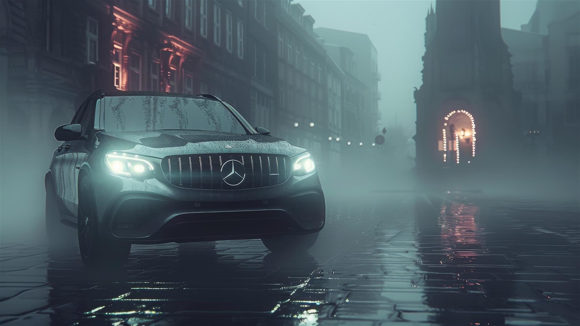 Mercedes-Benz GLC in dim lighting with a gothic gloomy atmosphere in 8k, closeup view, foggy ambiance, photorealistic