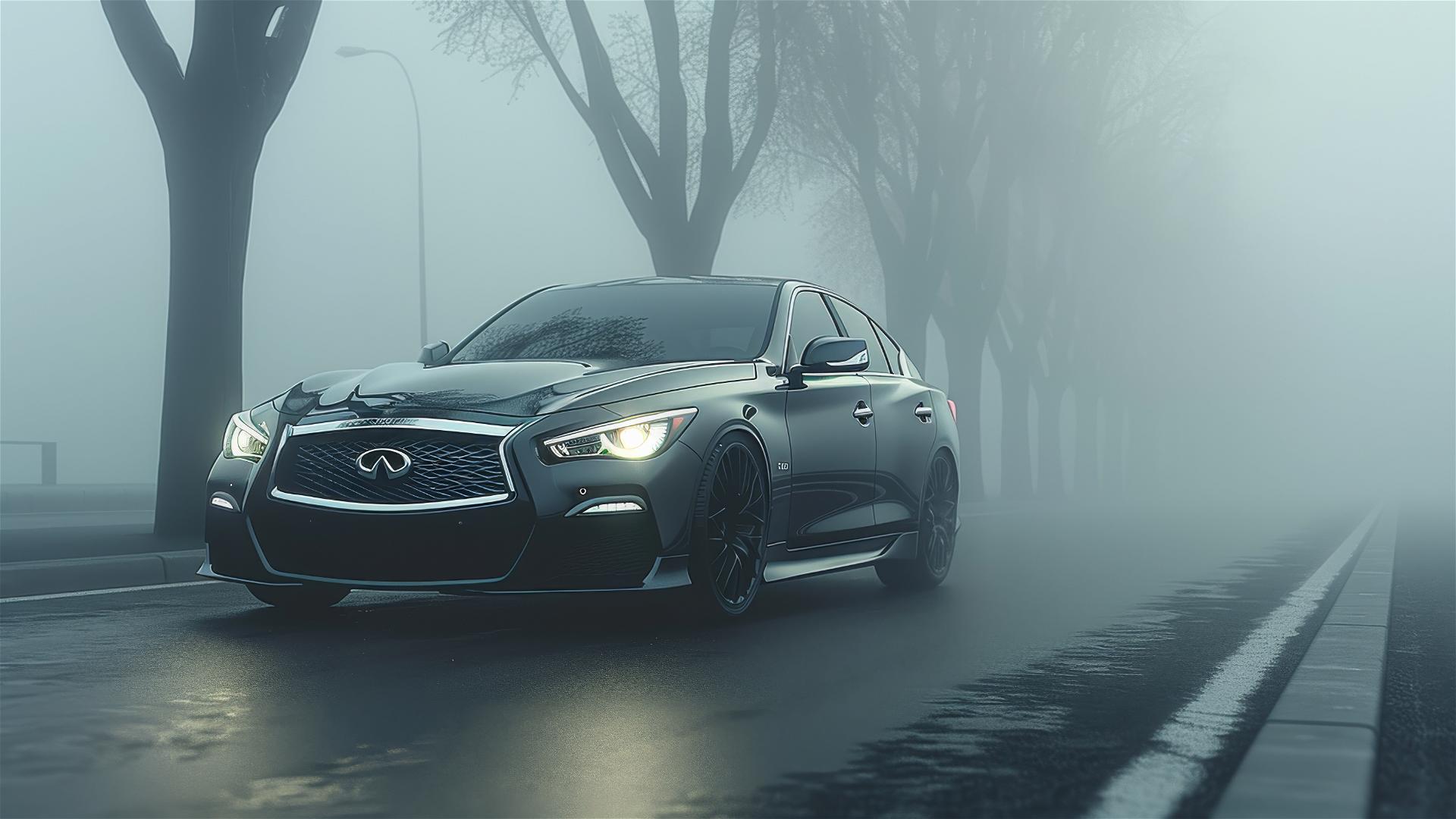 Infiniti Q50 car in dim gothic gloom with fog