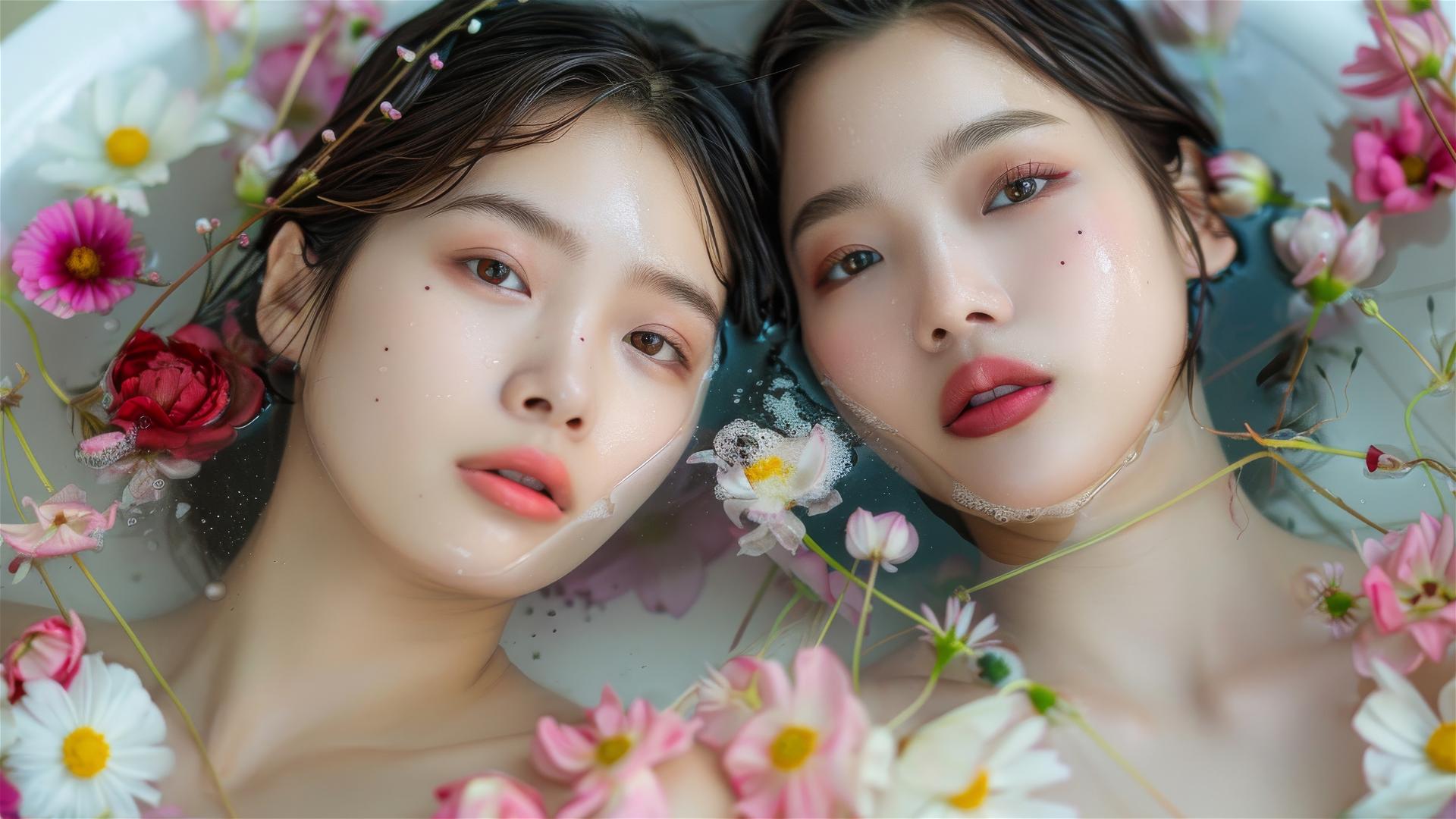 20-year-old Asian women in a flower-filled tub at a Chinese spa