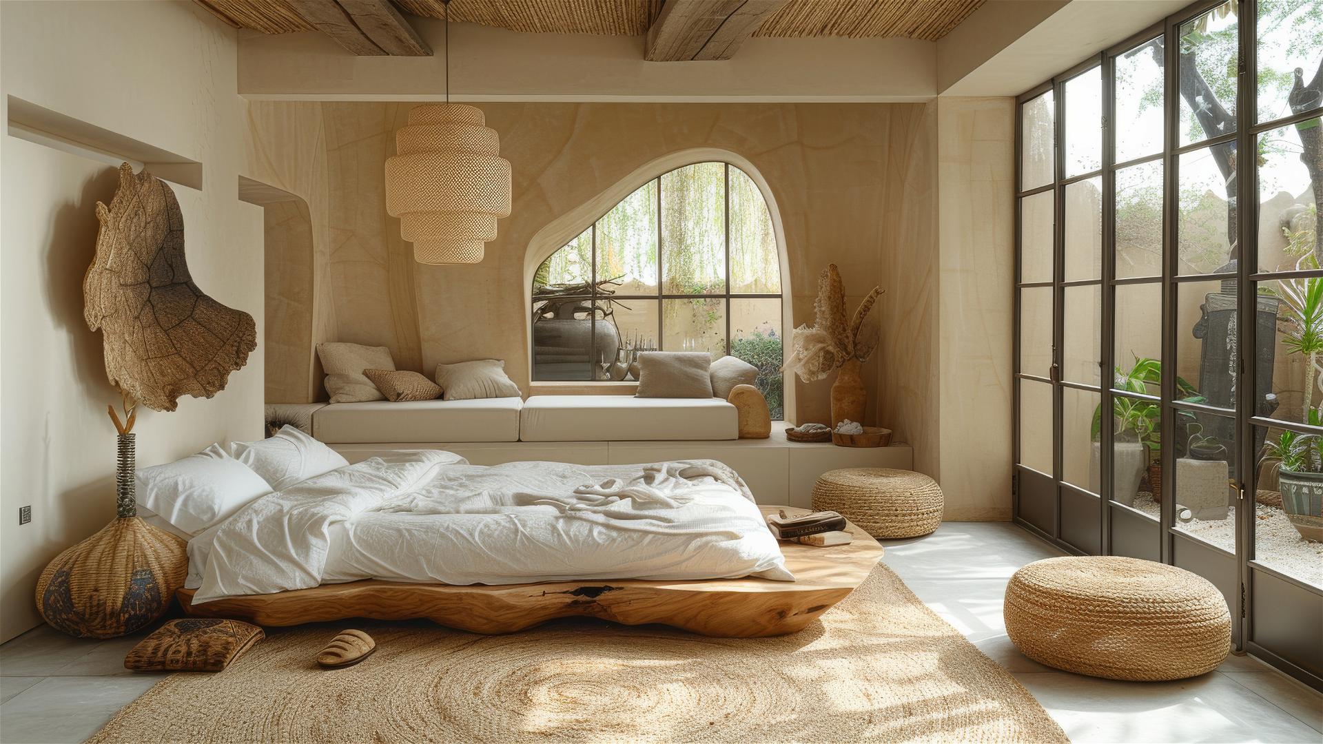 Serene bedroom with fruit-inspired bed in white and cream tones