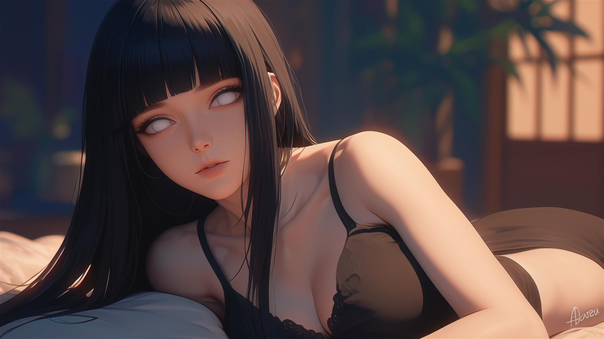 Hinata Hyuga resting in a modern hotel with warm light and white eyes.