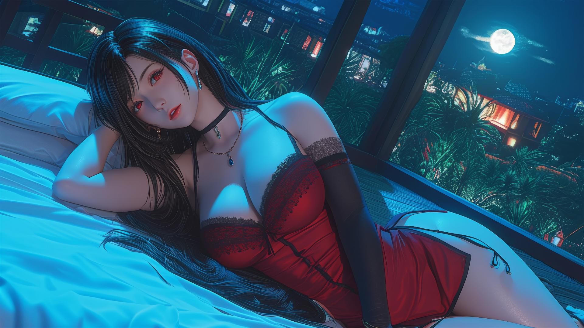 Tifa Lockhart in red pajamas resting in her room with moonlight glow