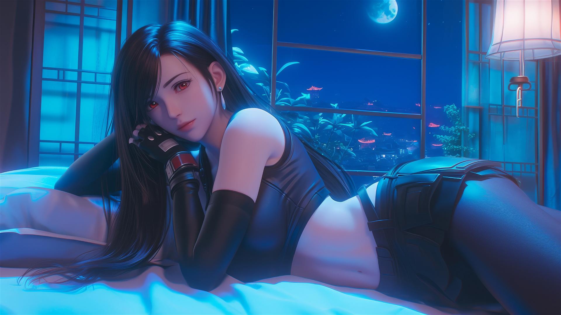 Tifa Lockhart resting in her room, moonlight glow on her figure
