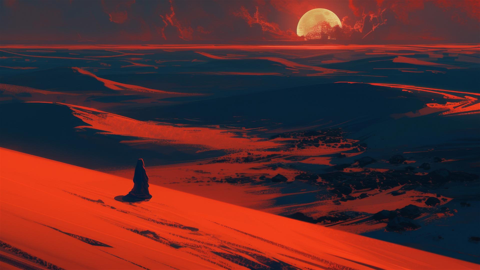 Desert at midnight under a lunar eclipse with dusky light