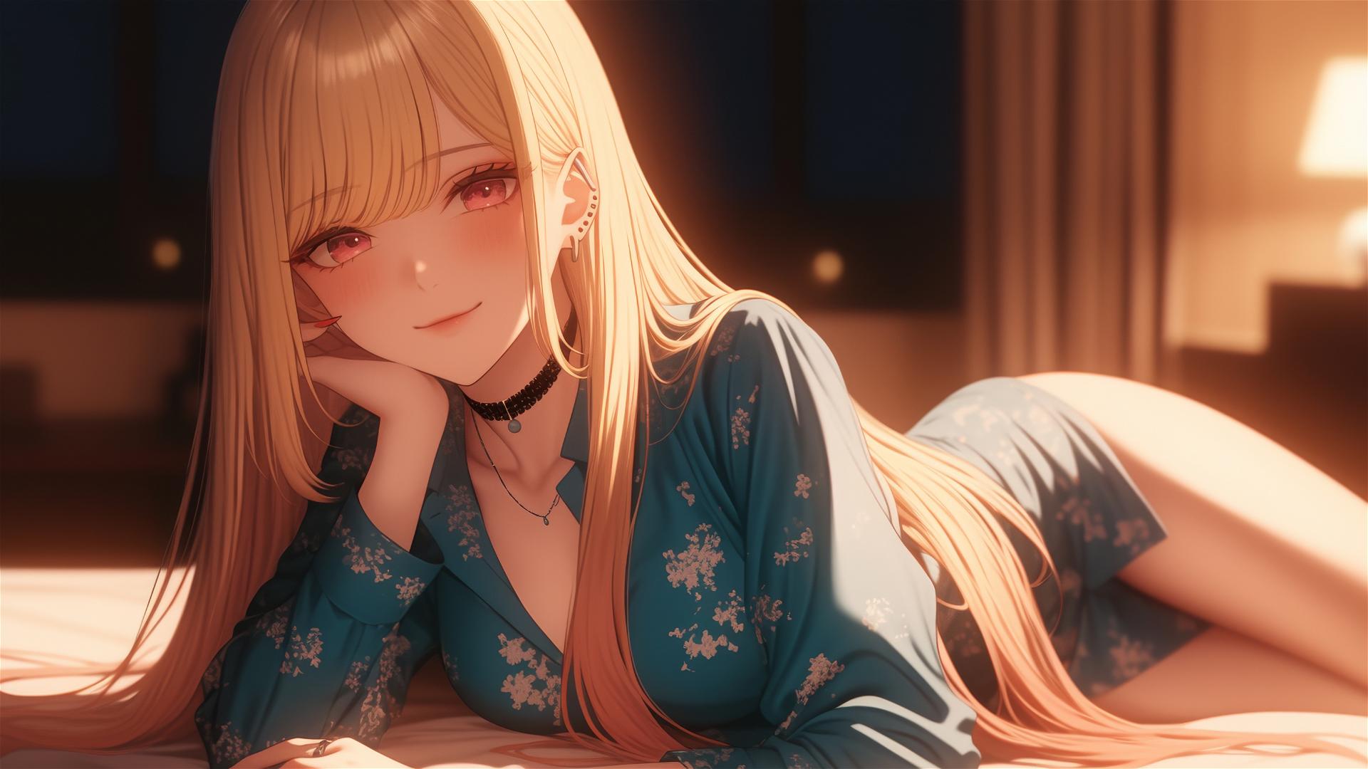 Marin Kitagawa sitting on hotel bed bathed in moonlight