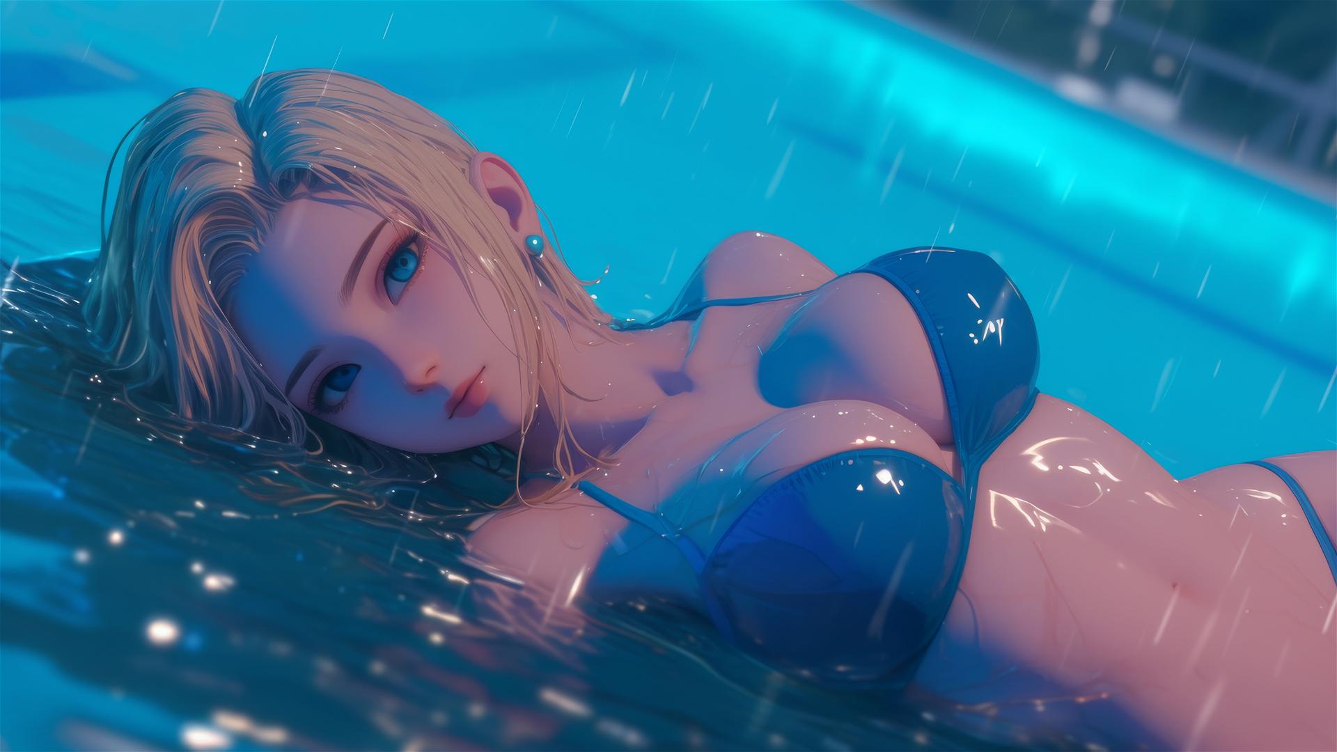 Dragon Ball Android 18 resting by a rainy swimming pool