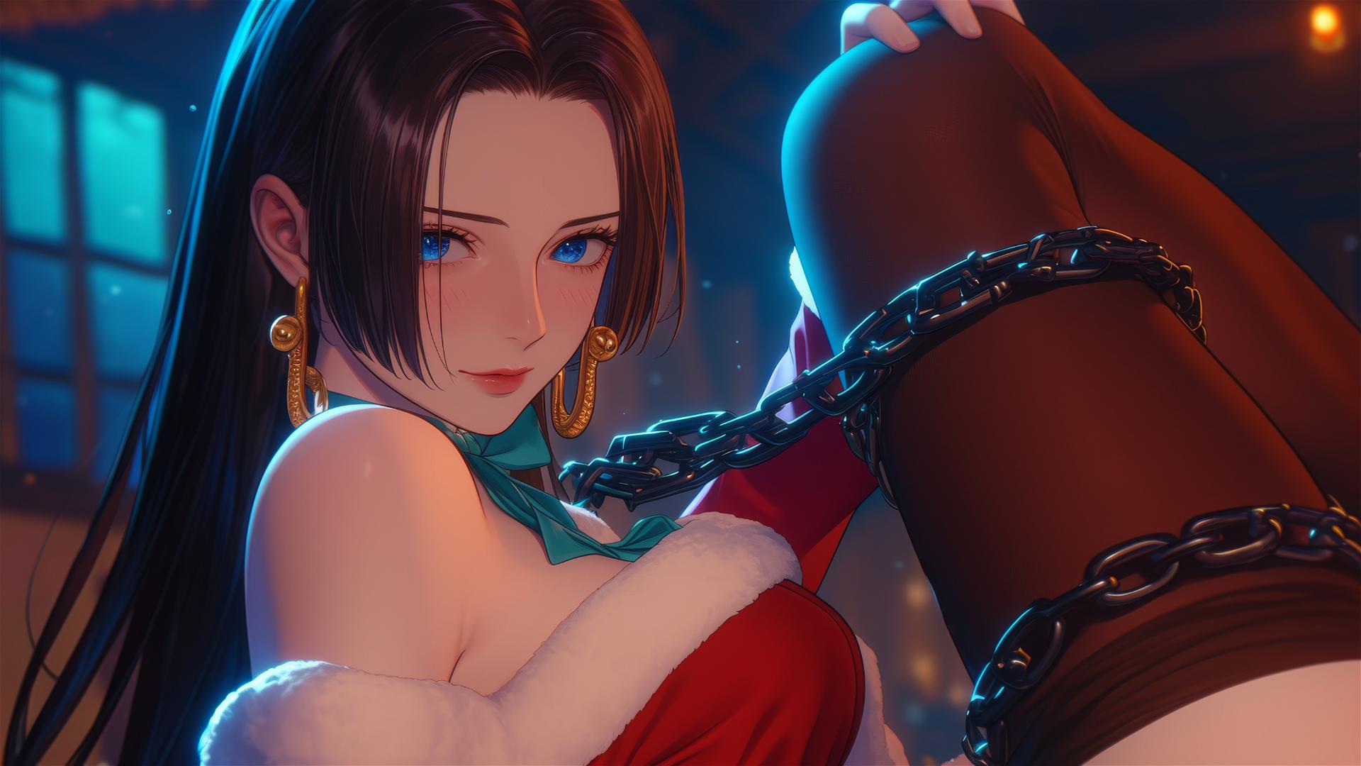 Boa Hancock in Christmas costume locked in chains in a neon-lit hotel room.