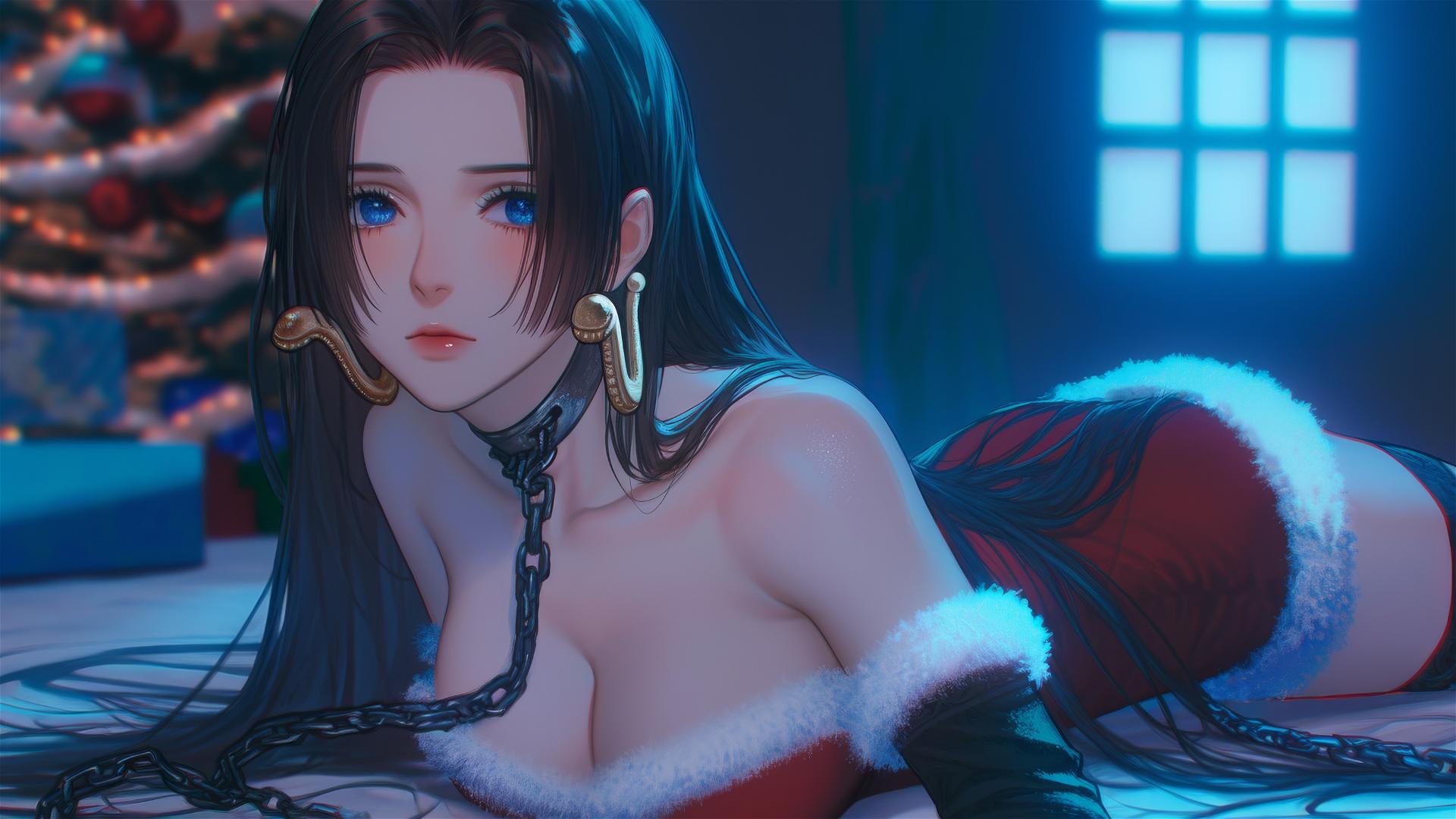 Boa Hancock in a Christmas costume, chained in a neon-lit modern hotel room with pink background
