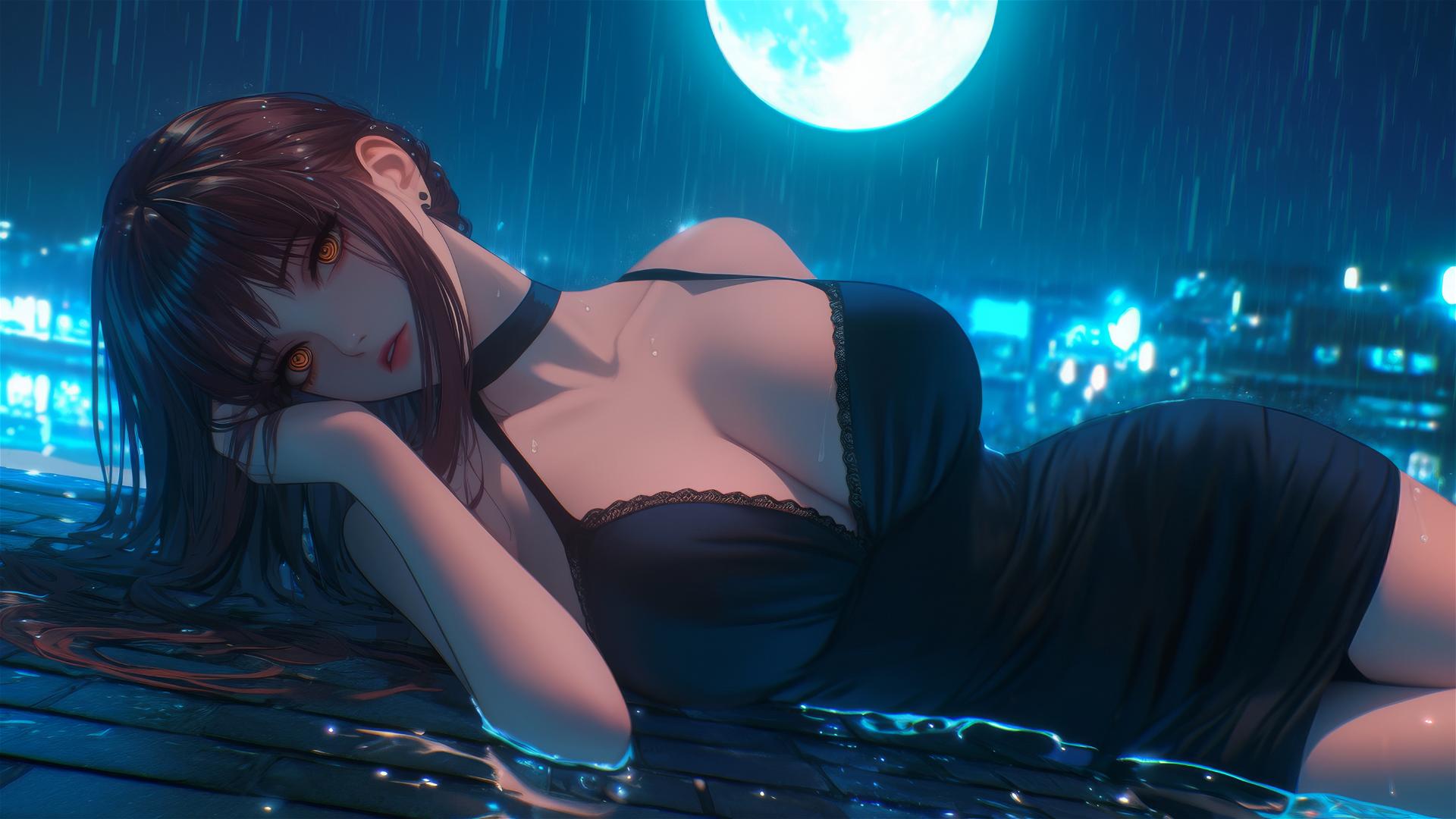 Makima from Chainsaw Man resting on a rainy rooftop under moonlight