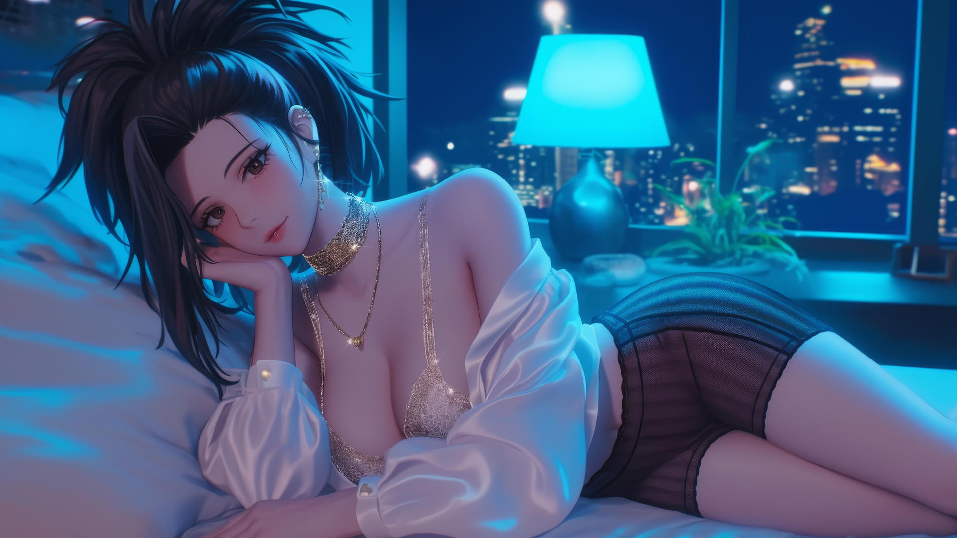 Momo Yaoyorozu in a modern hotel room with neon lighting