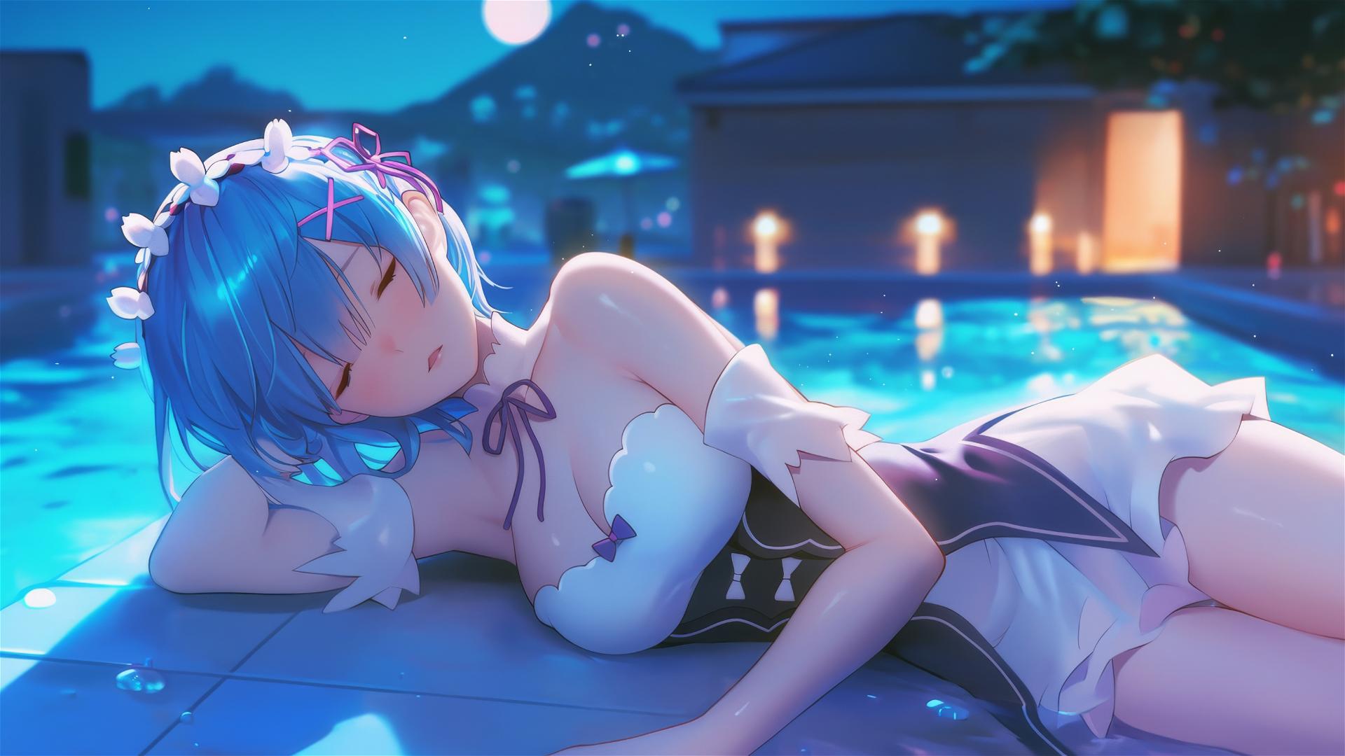 Rem from Re:Zero resting by a pool under moonlight