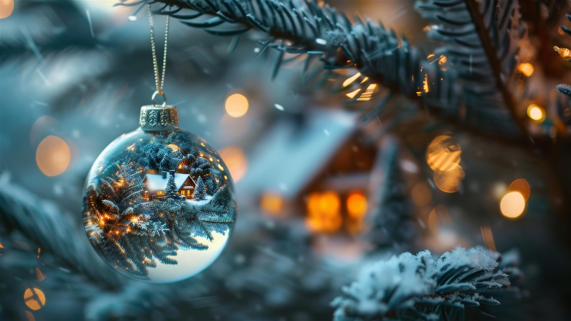 Glass Christmas balls with snow-covered villages and a warm glow