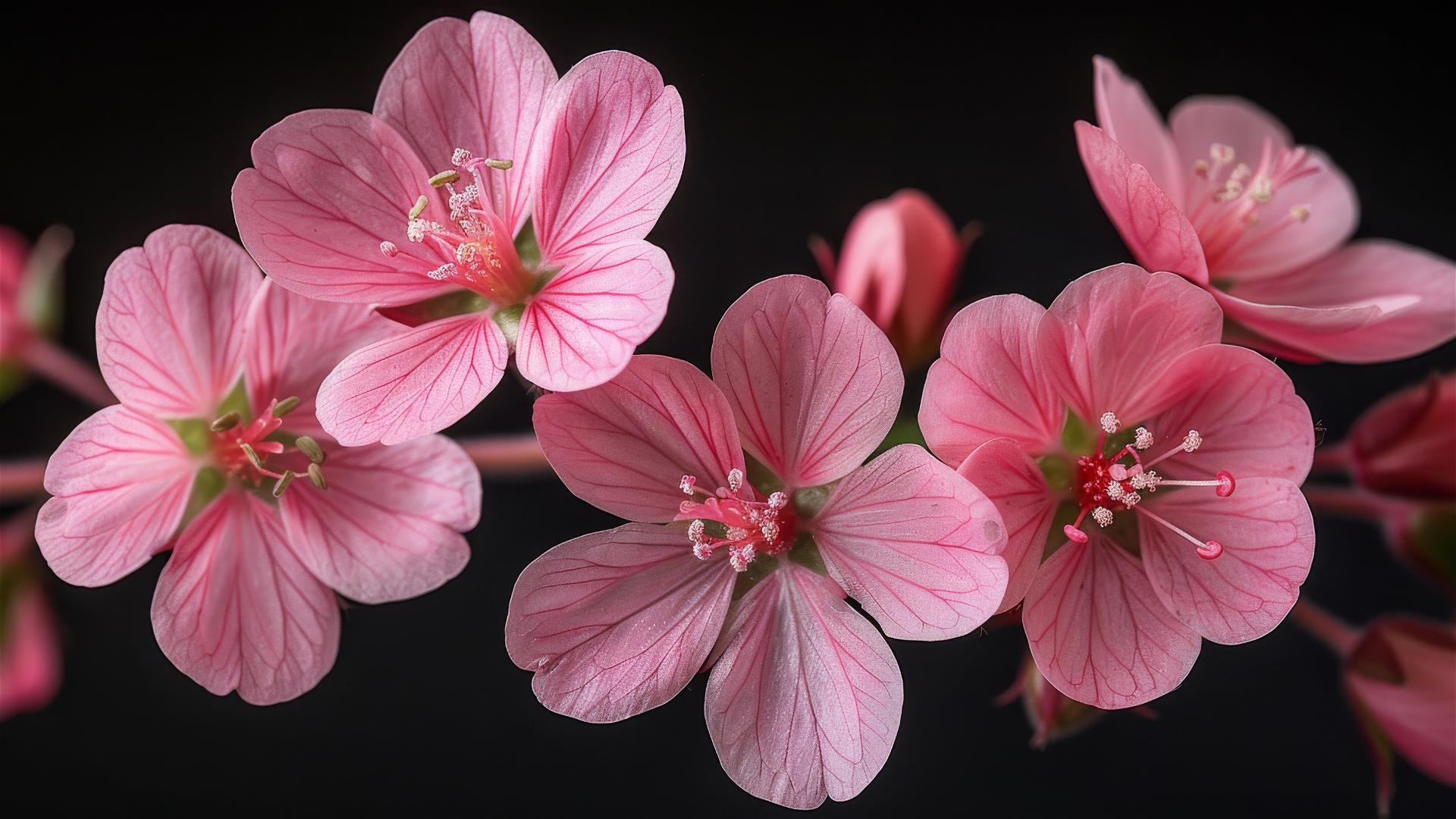 Pink wildflowers with six petals on black background, full bloom.