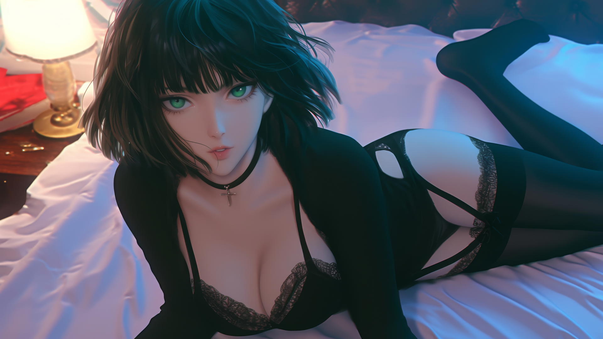Fubuki from One Punch Man kneeling, looking up, neon-lit hotel room
