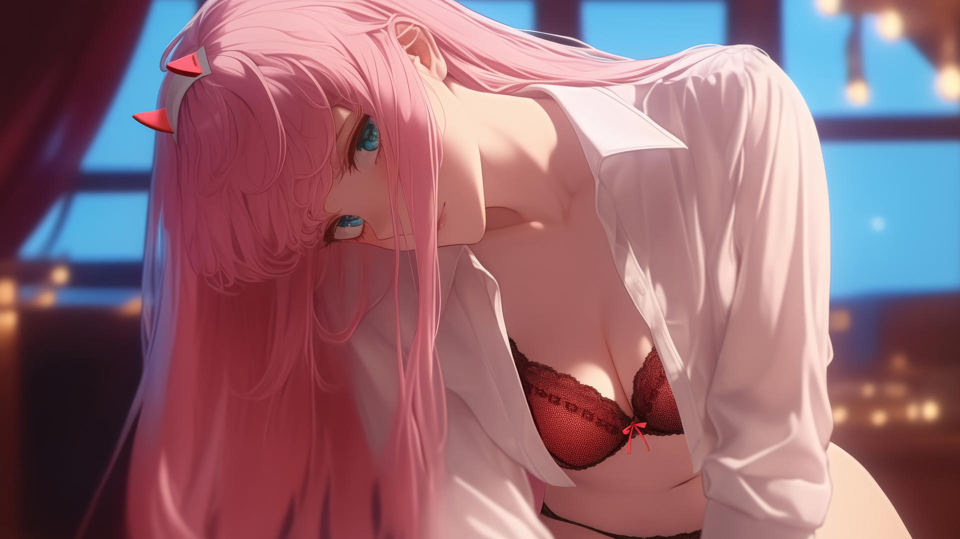Zero Two from DARLING in the FRANXX kneeling, seen from below with pink hair and office shirt