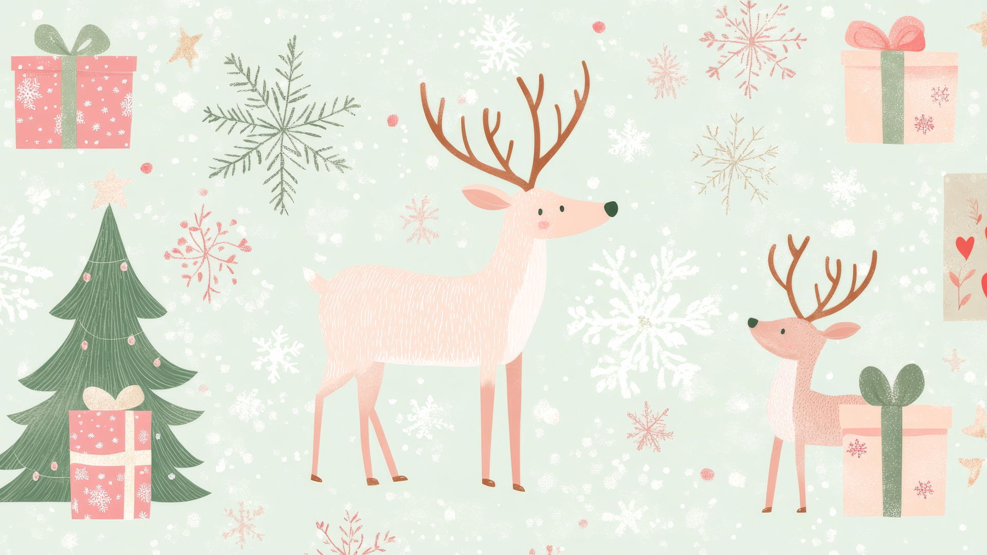 cute Christmas wallpaper preppy with reindeer, snowflakes, and wrapped gifts