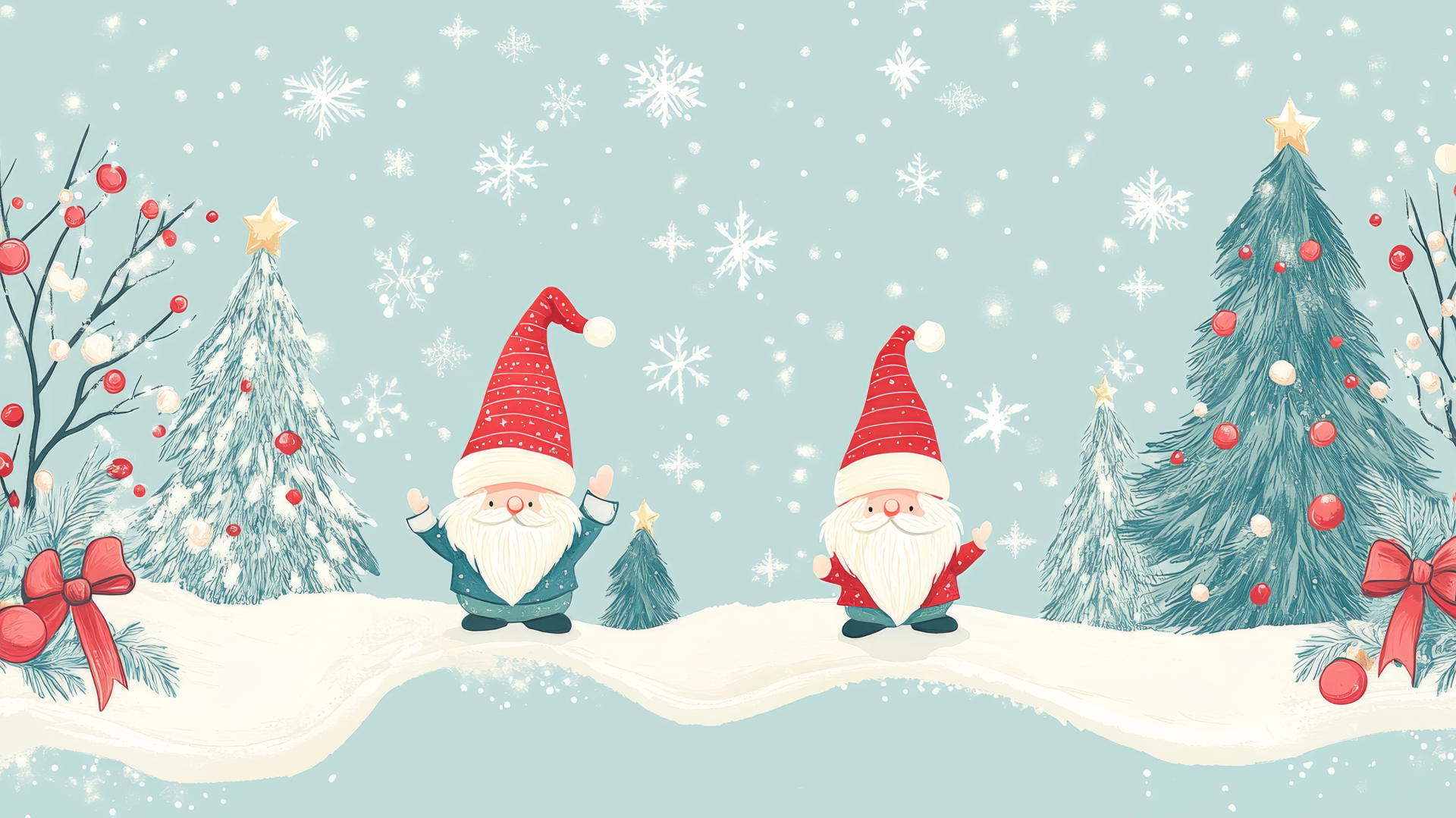 cute Christmas wallpaper preppy with Christmas gnomes, snow-covered trees, and twinkling stars on pastel blue