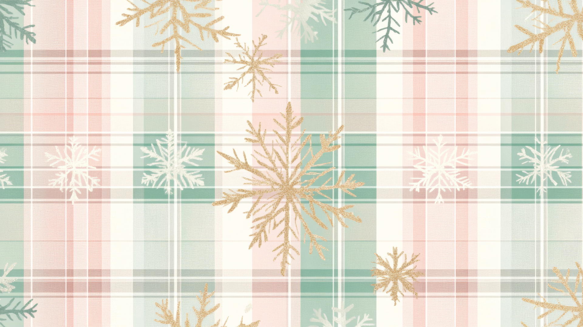 preppy Christmas wallpaper with plaid pattern in pastel pink, mint green, and gold, featuring snowflakes and holly leaves
