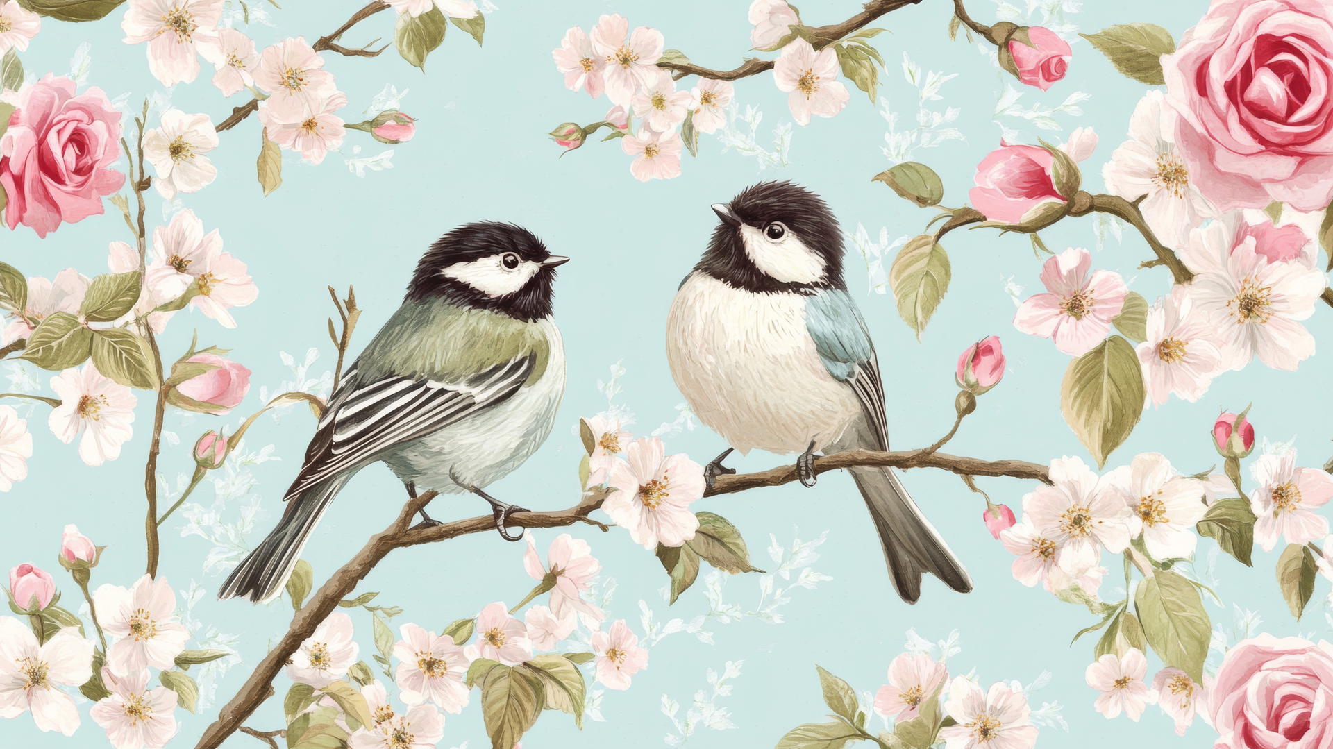 preppy spring wallpaper with songbirds on branches, cherry blossoms, and roses