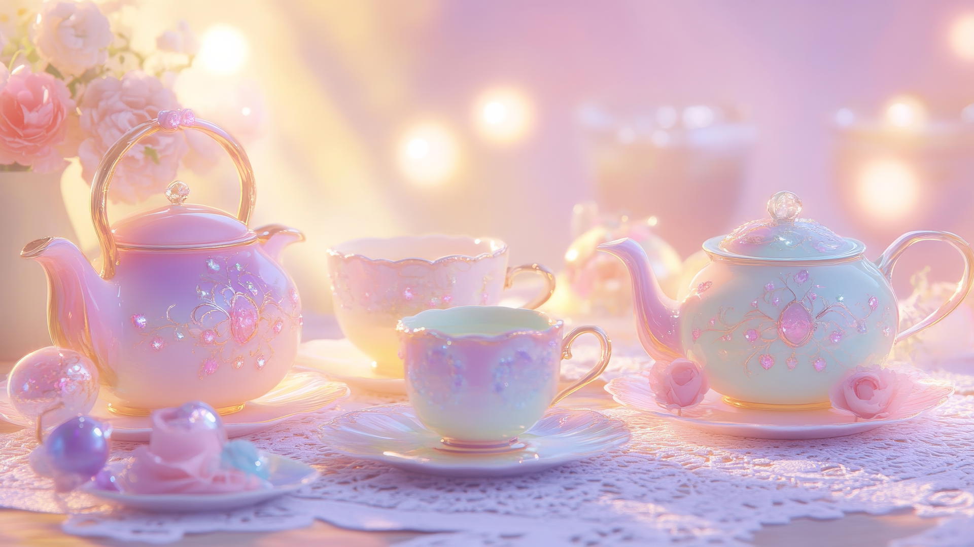 aesthetic cute wallpapers featuring pastel tea set on lace doily
