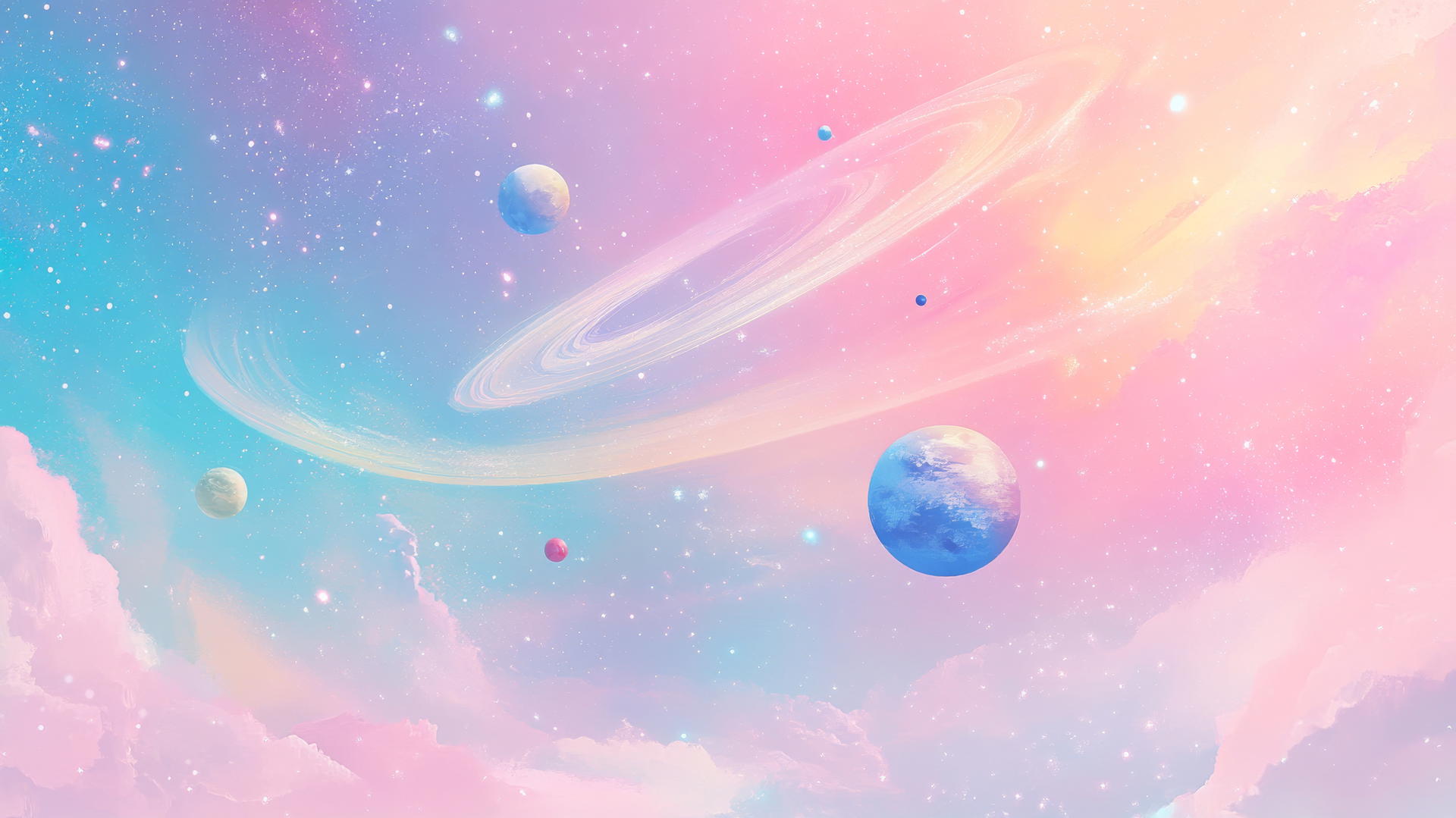 Cute wallpapers aesthetic: pastel galaxy with stars, planets, and comets