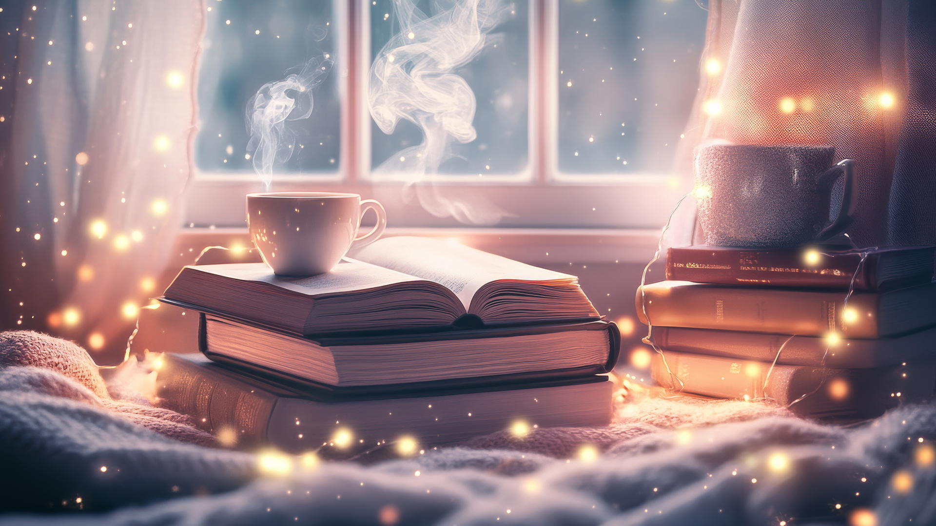 cute aesthetic wallpapers featuring a cozy reading nook, books, tea, and fairy lights