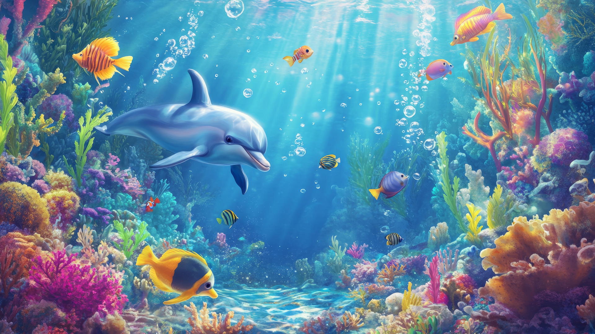 Cute wallpapers of cartoon sea creatures in a serene underwater scene
